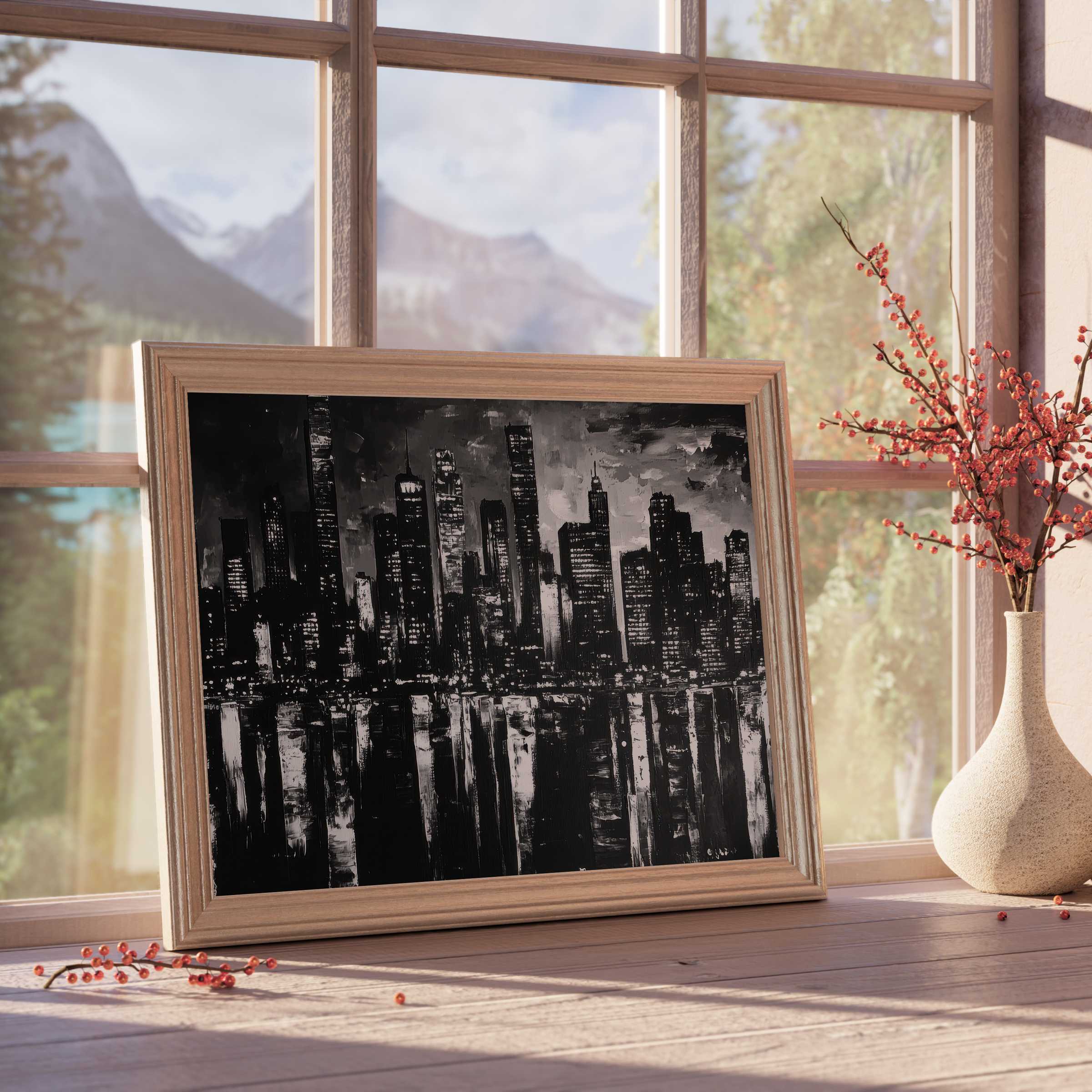 Black and white downloadable art capturing a moody city skyline, perfect for elevating tranquil, modern interiors with timeless urban elegance