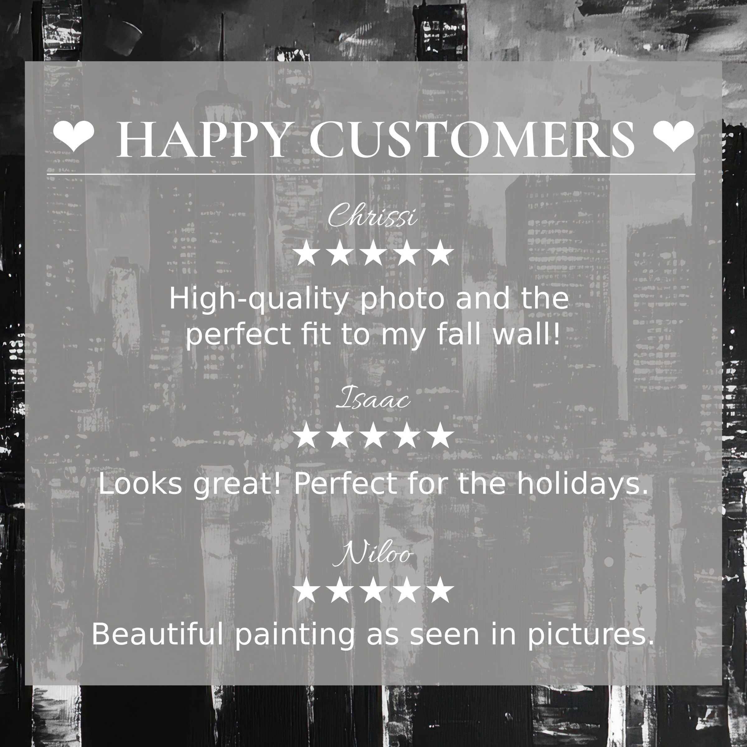 Black and white art for Frame TV with cityscape background, showcasing happy customer reviews and refined style