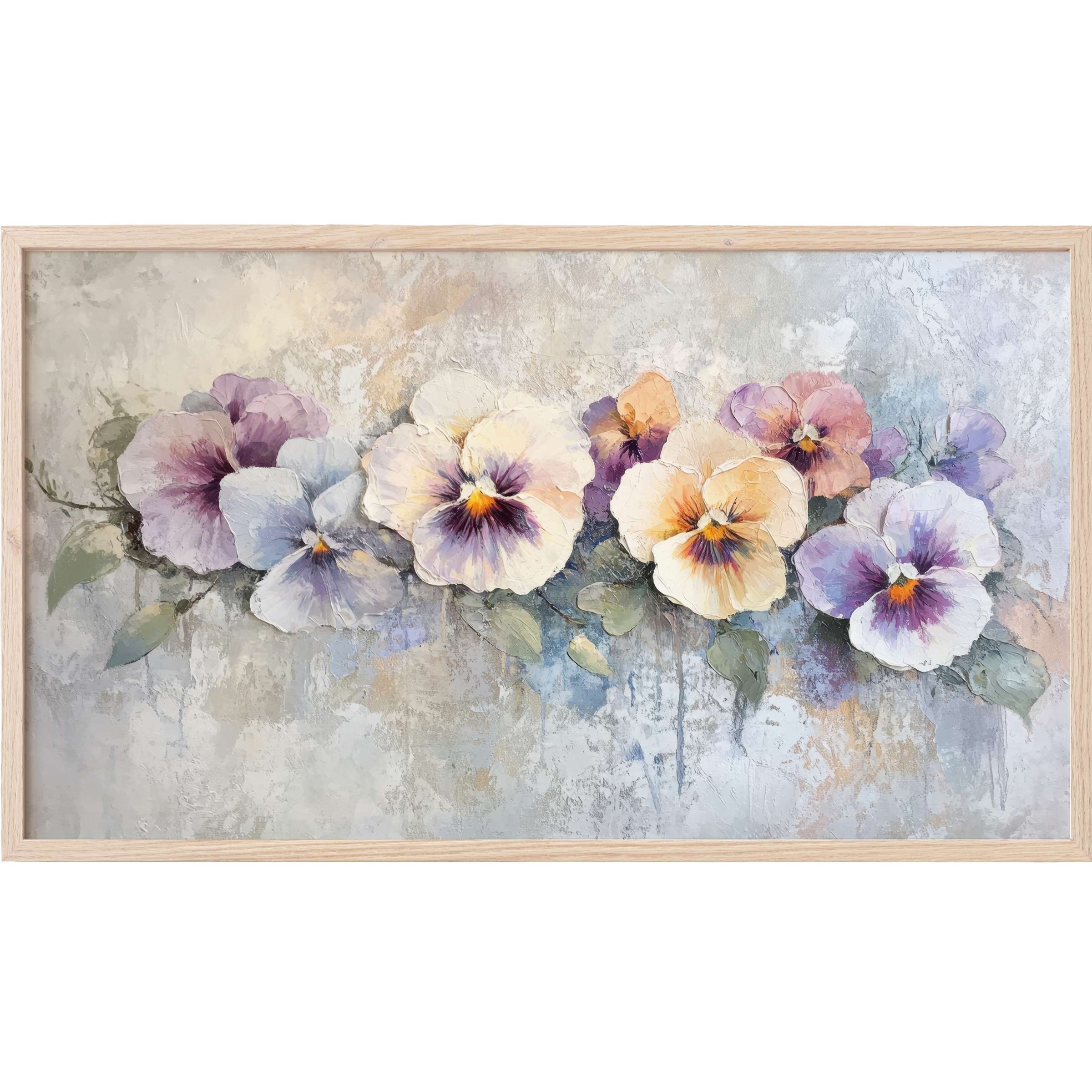 Elegant pansies in pastel hues with textured petals and soft leaves in botanical Frame TV Art style