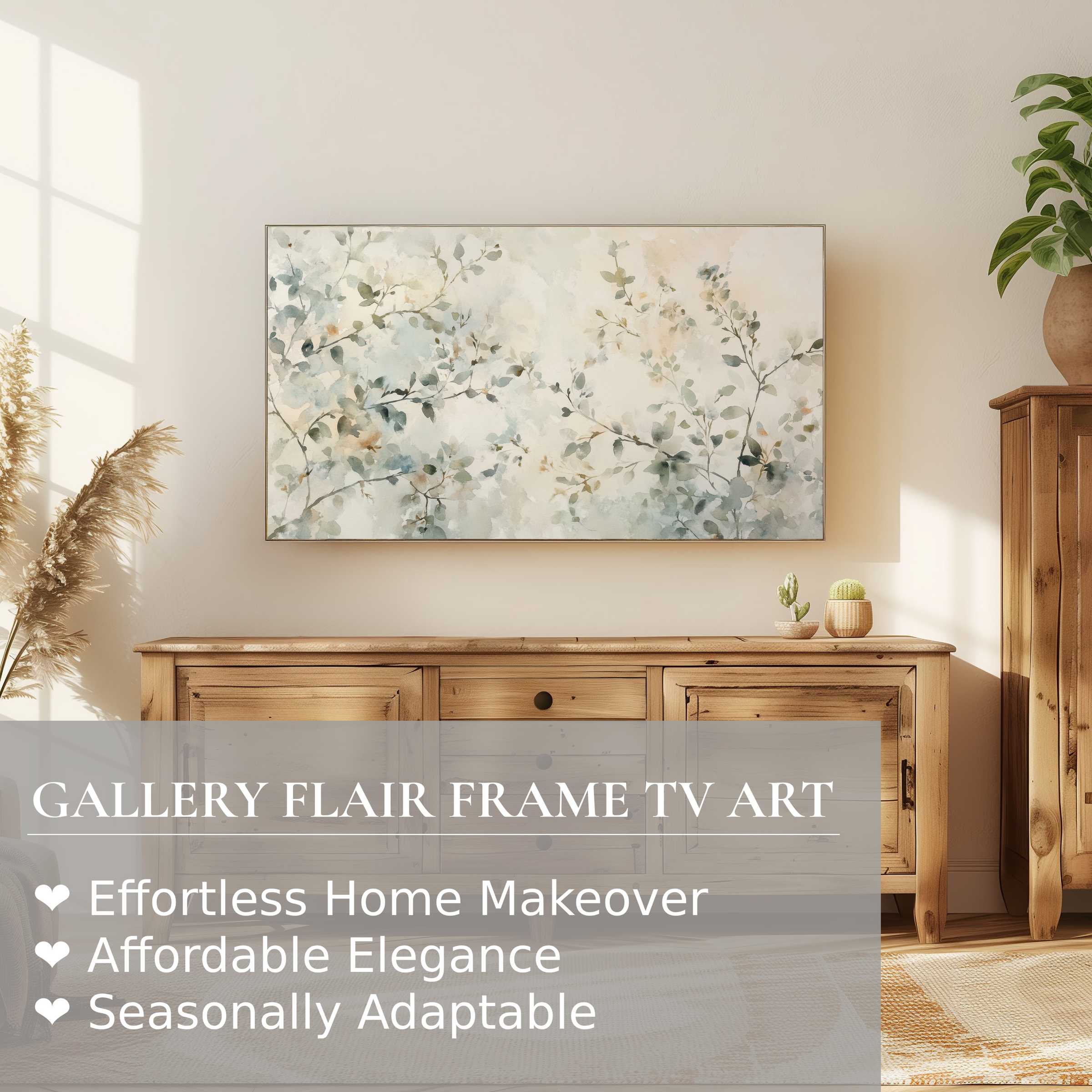Samsung Frame TV displaying delicate floral digital artwork in a soft, modern, sunlit rustic interior