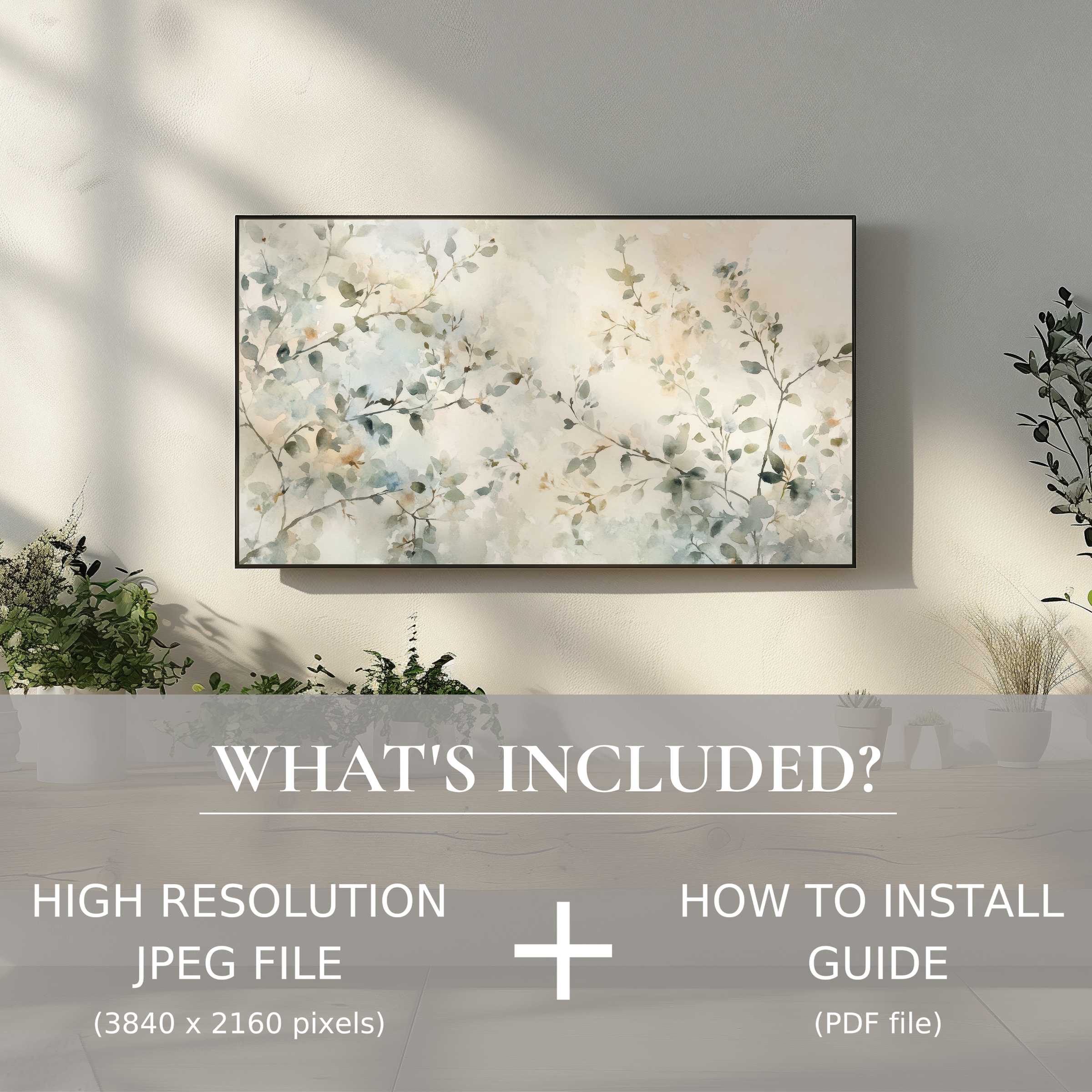 Elegant floral digital TV art download with easy digital use, beautifully enhancing modern living spaces with soft botanical tones