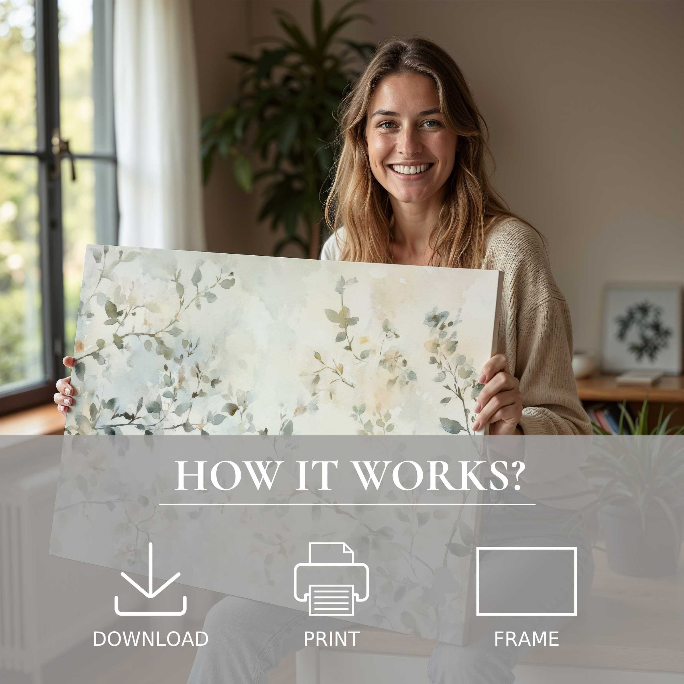 A serene moment of joy and connection as a woman reveals a floral digital art print, effortlessly elevating modern home decor