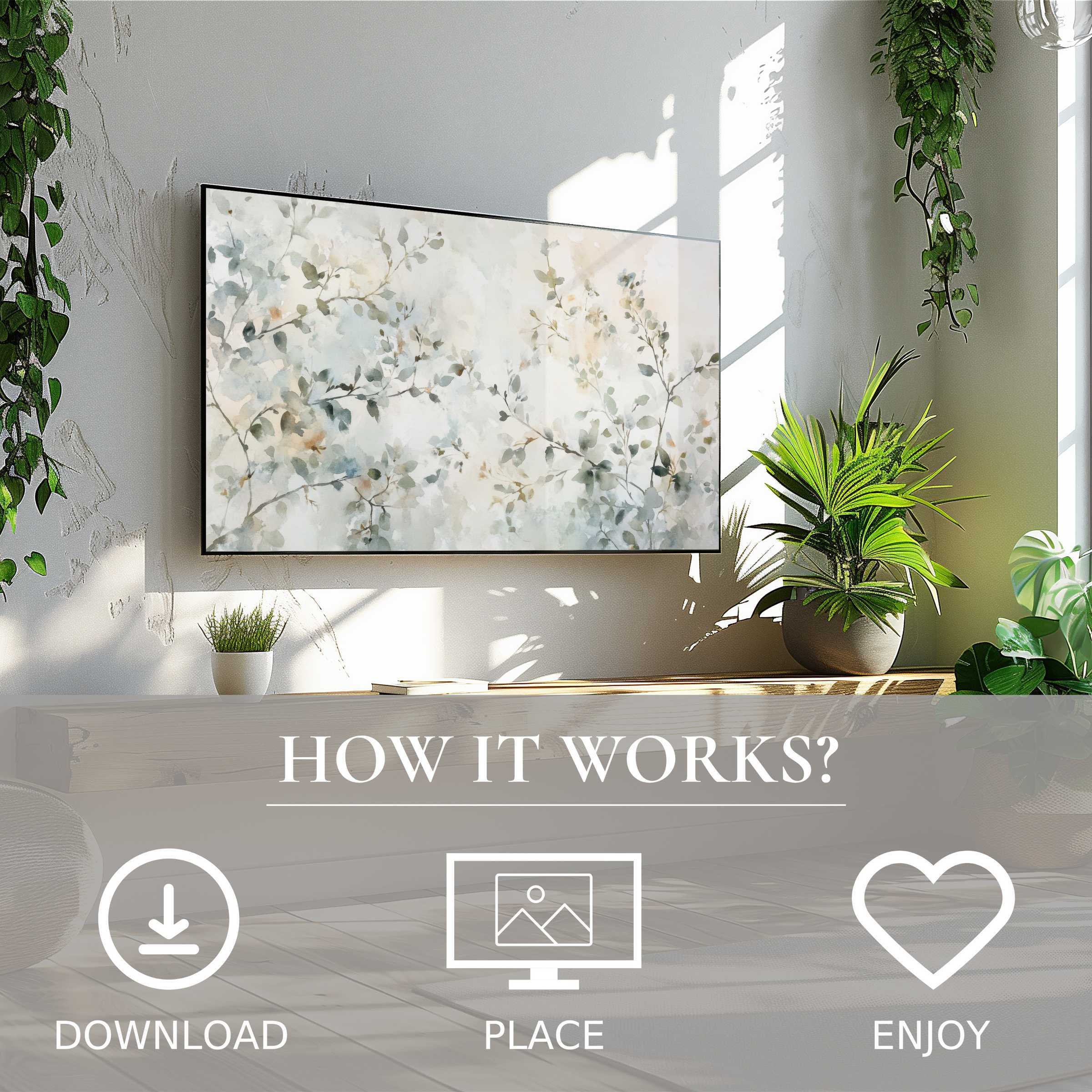 Modern living room with floral art for Samsung TV featuring soft watercolor branches; easy digital download enriches space