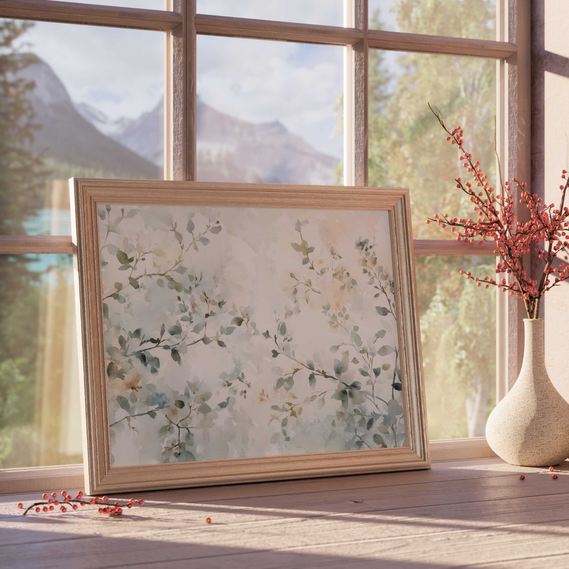 Elegant floral downloadable art featuring soft watercolor branches in muted tones, infusing serene warmth into curated, stylish interiors