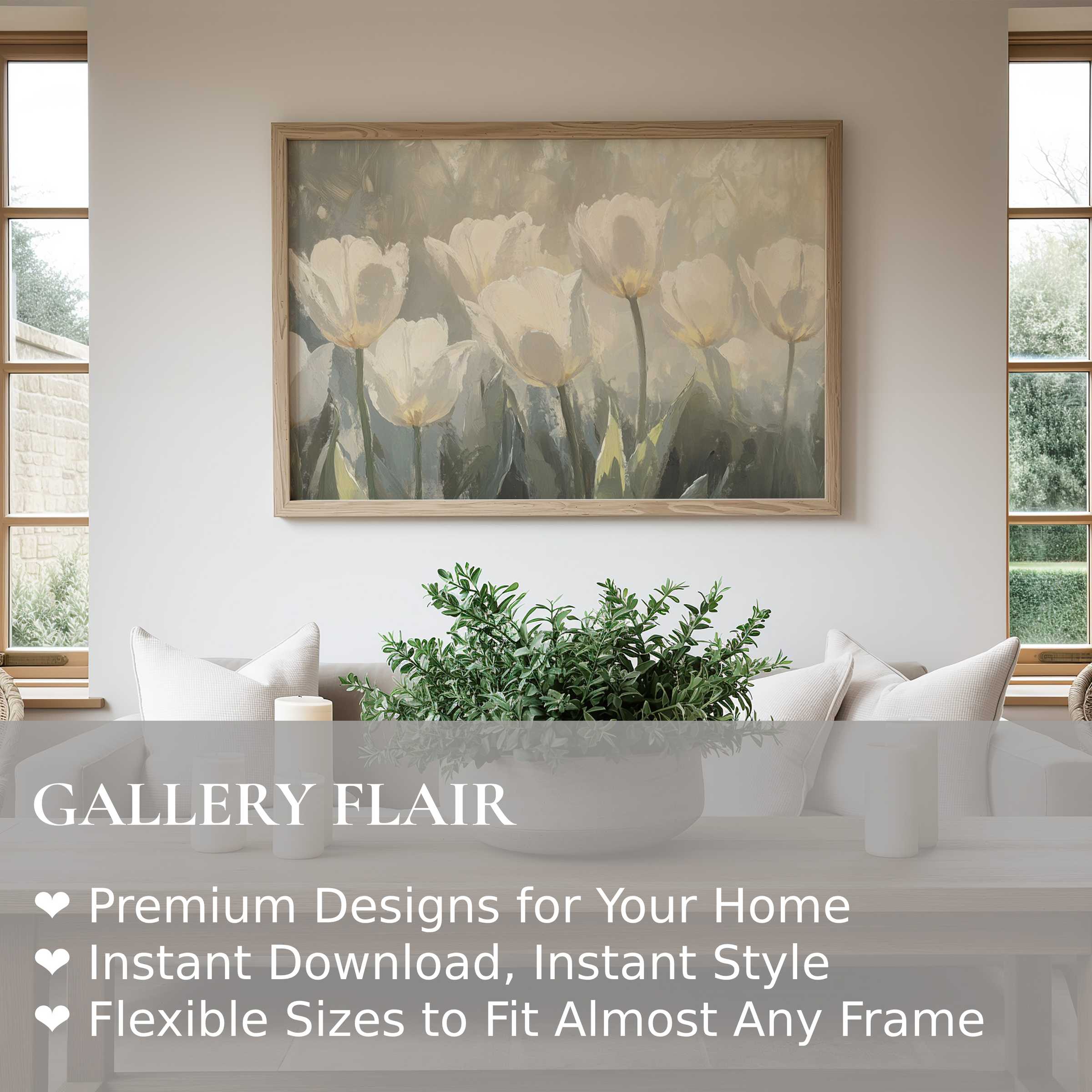 Soft, calming spring wall art print featuring muted tulips in a serene, modern living room, enhancing natural elegance and tranquility