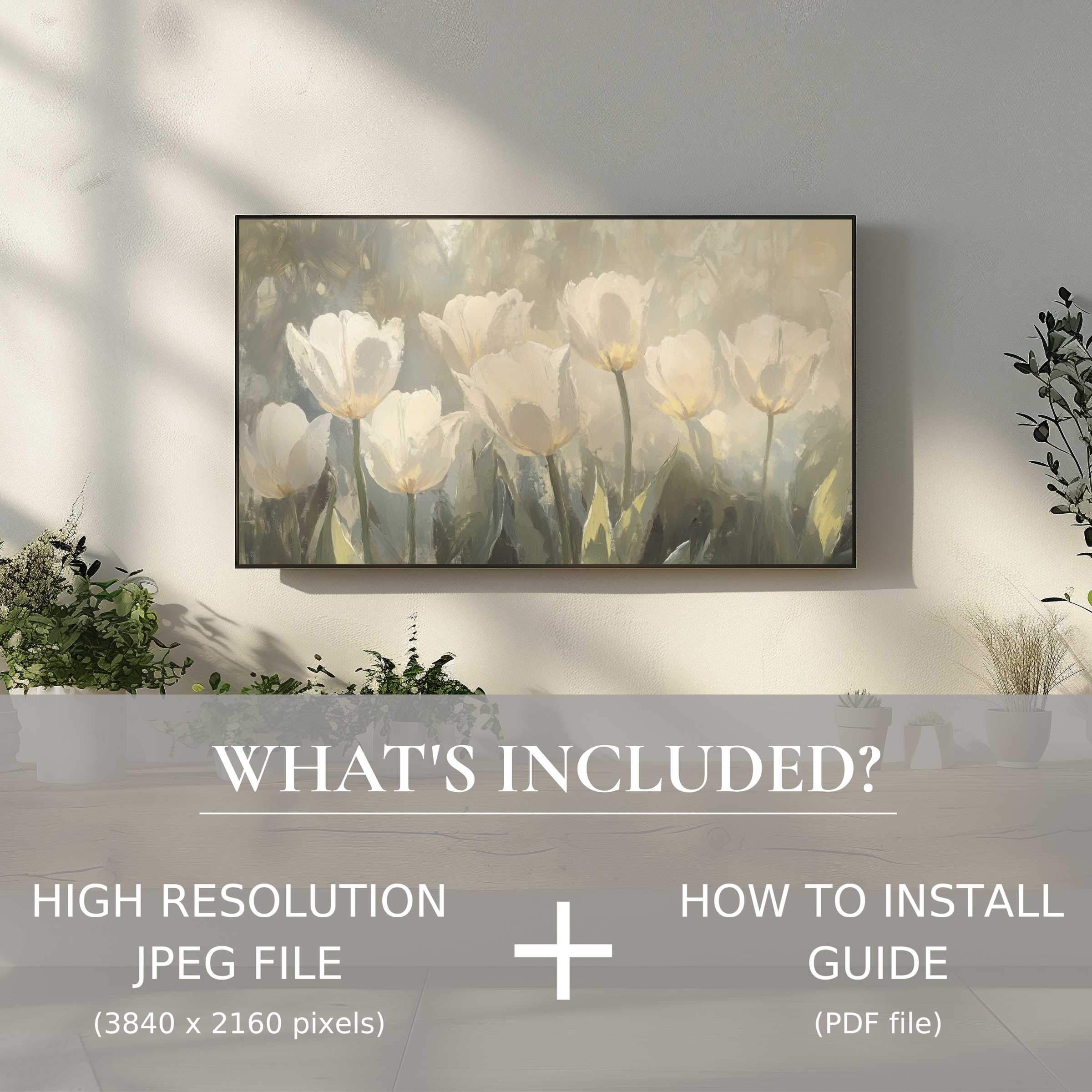 Elegant spring digital TV art download with soft florals, easy digital use enhances chic, serene living spaces