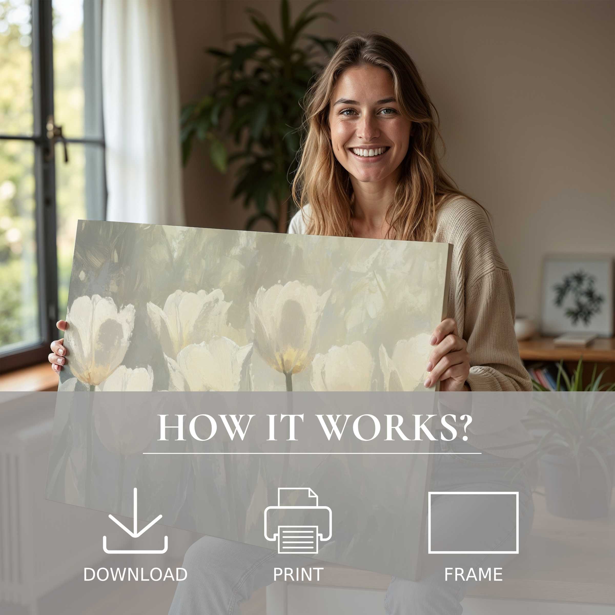 Bright spring digital art print held in a serene modern home, evoking joy and effortless elegance in living with art