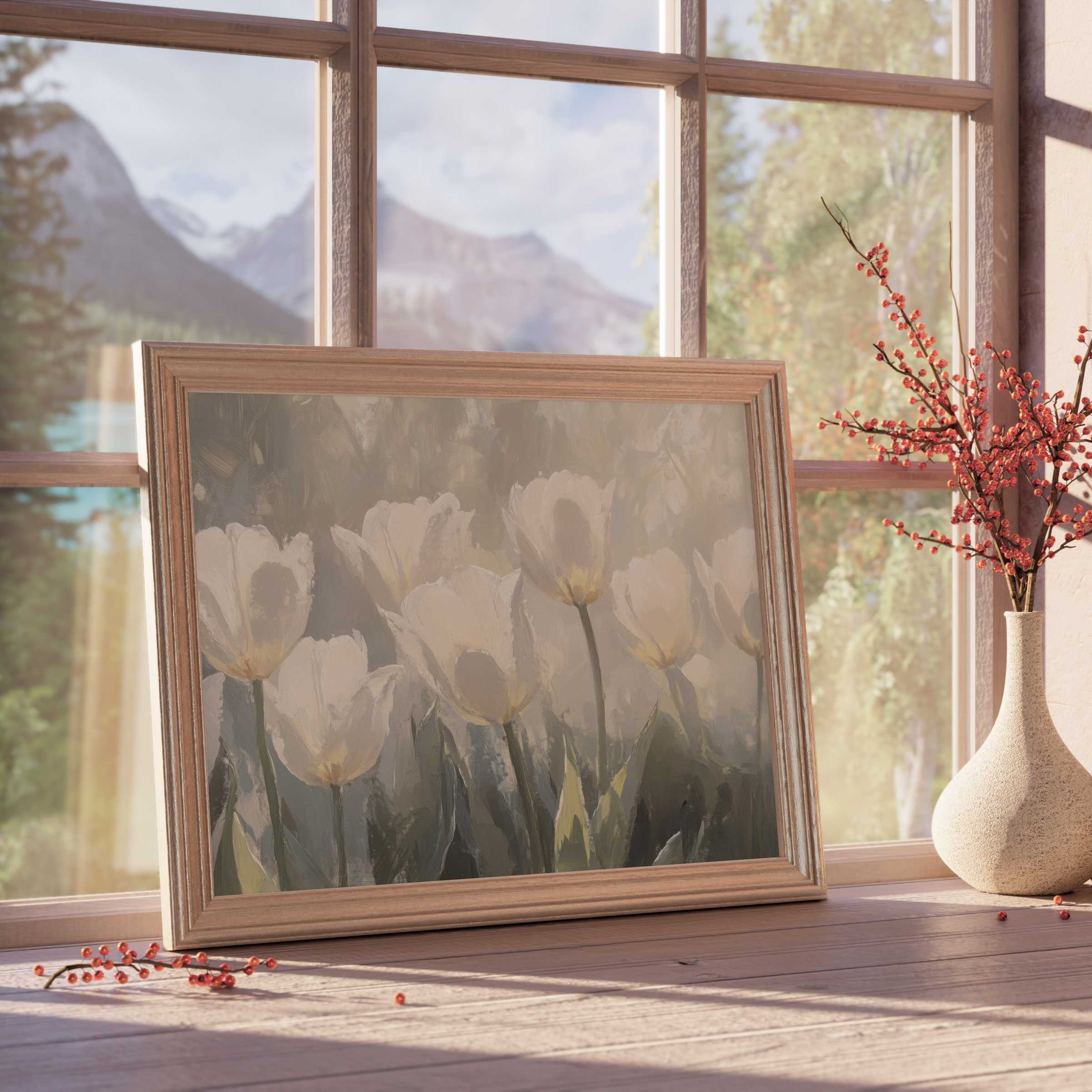 Elegant spring downloadable art of soft white tulips in muted tones, enriching serene, curated interiors with calm, natural beauty