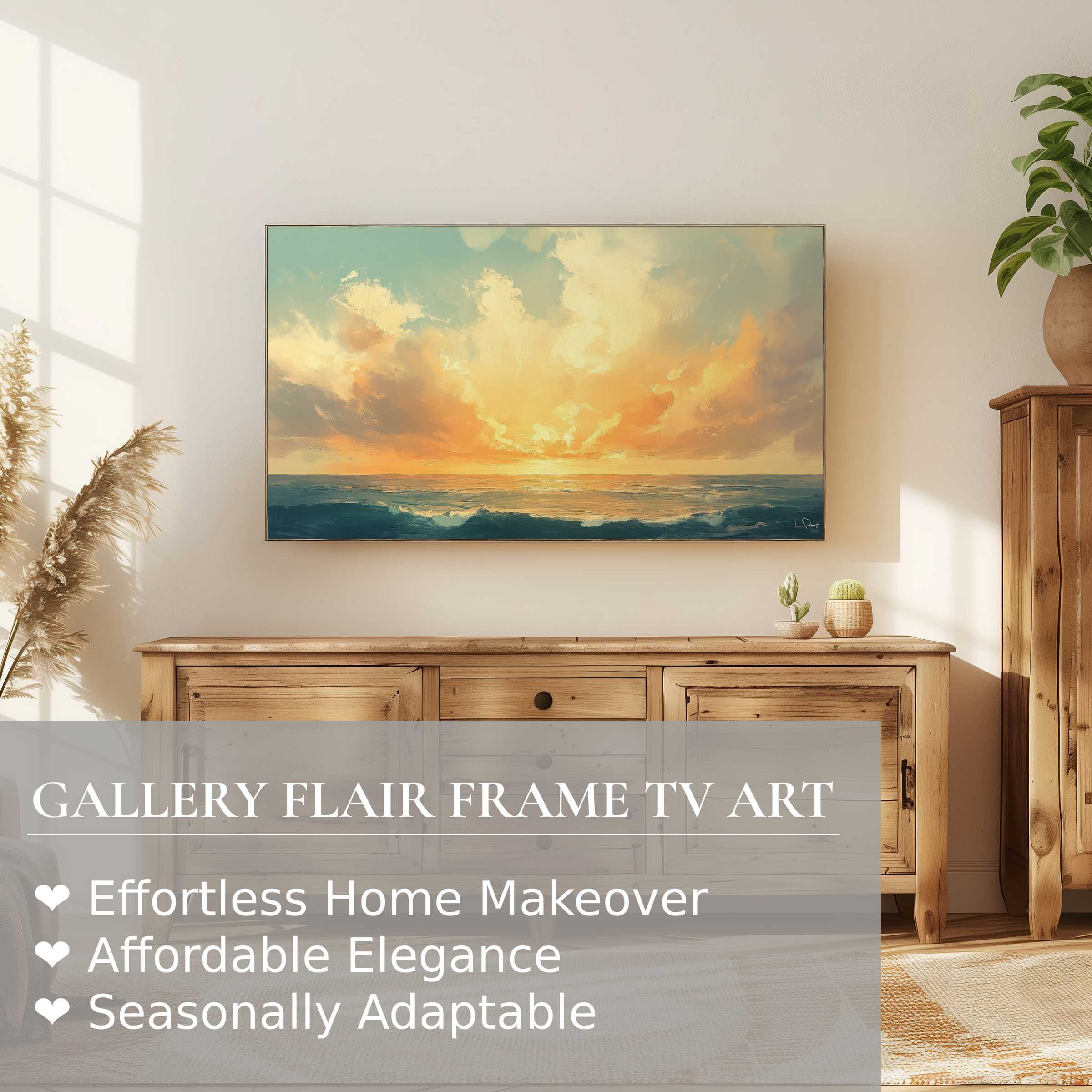 Samsung Frame TV displaying serene coastal digital artwork with warm hues in a stylish, modern living space