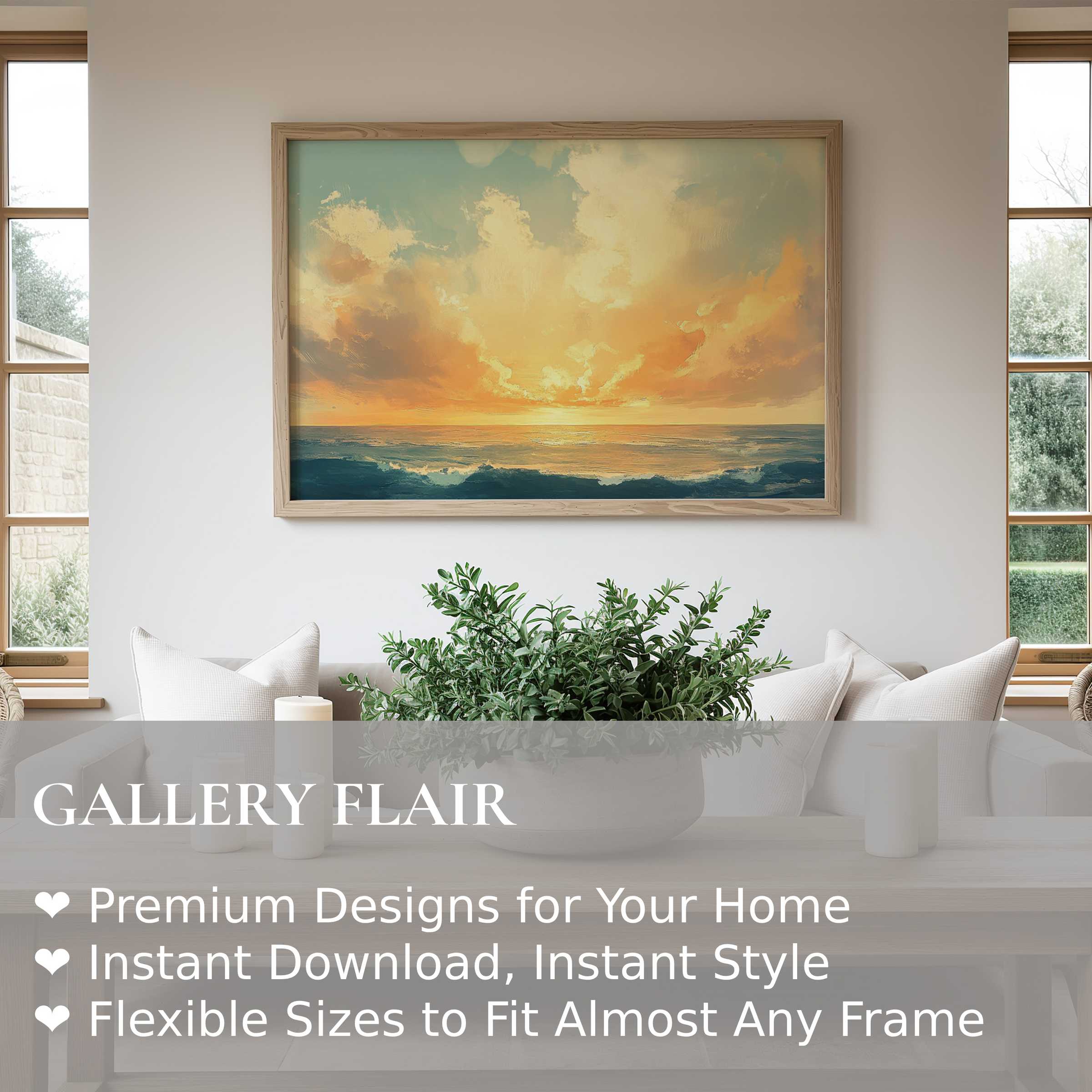 Coastal wall art print capturing a radiant sunset over tranquil waves, enriching serene modern living spaces with soft, calming hues