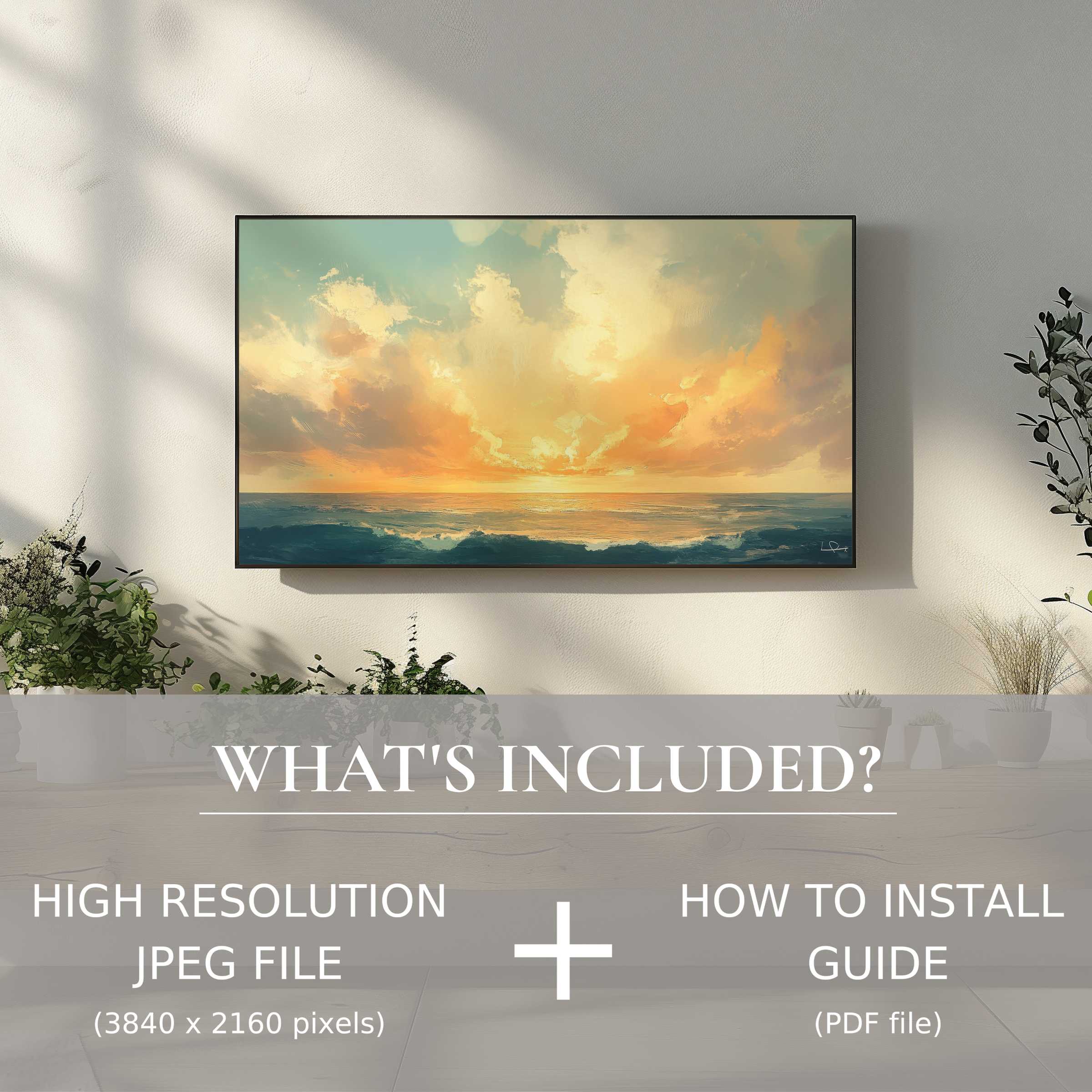 Stylish coastal digital TV art download enhances any living space with easy digital use and serene sunset visuals