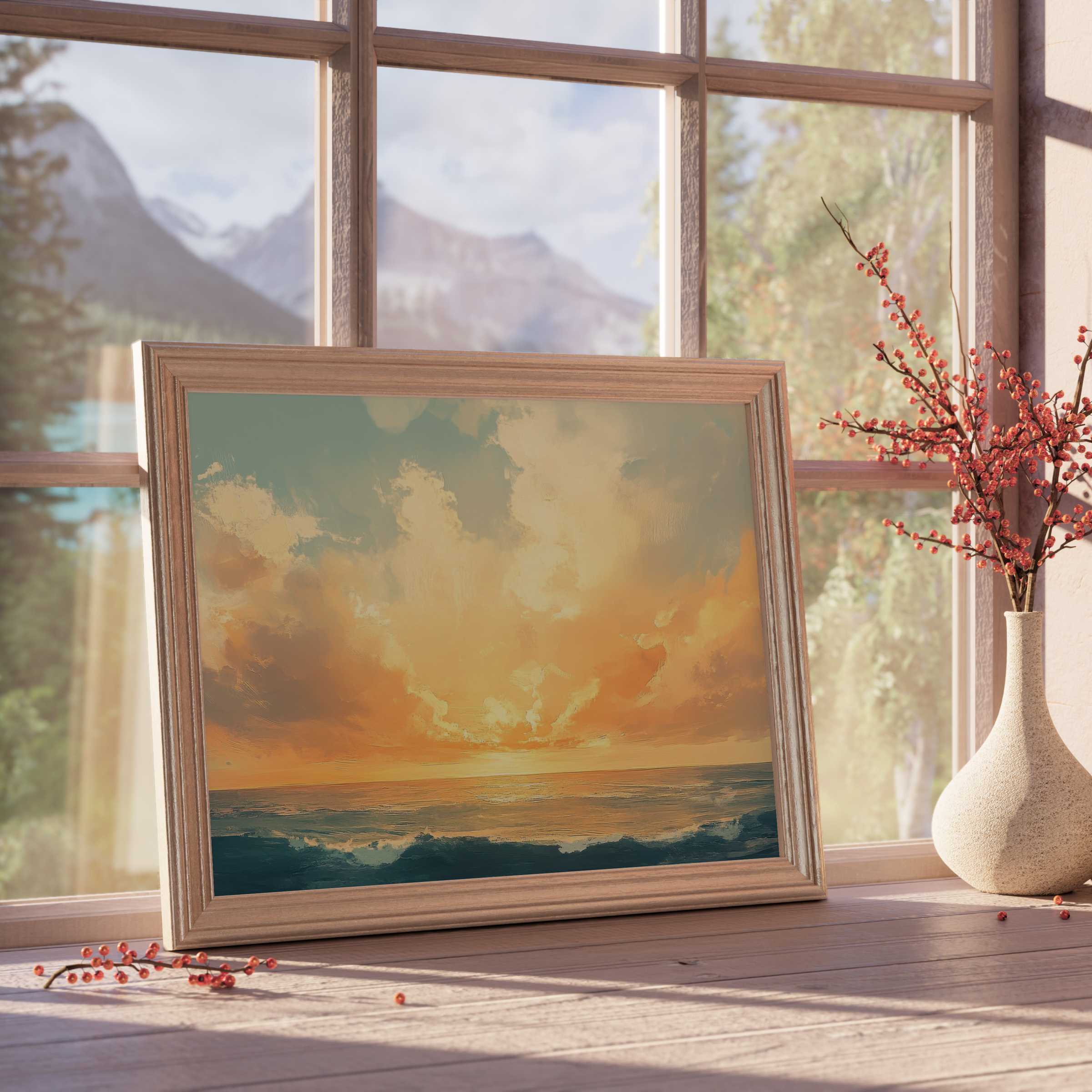 Coastal downloadable art capturing warm sunset waves and serene skies, elevating elegant, tranquil living spaces