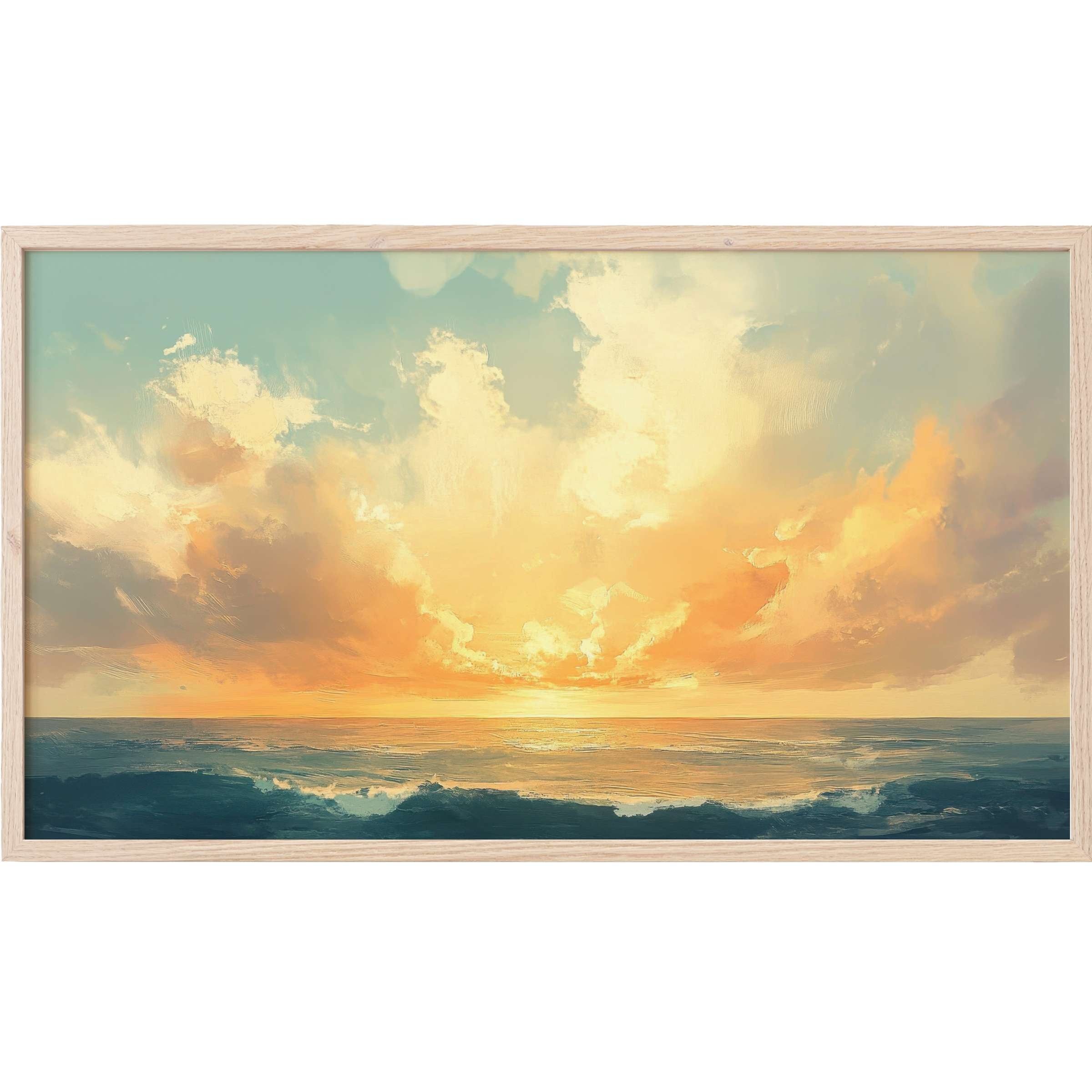 Elegant coastal Frame TV Art capturing a serene sunset with soft blues, golds, and warm, glowing clouds