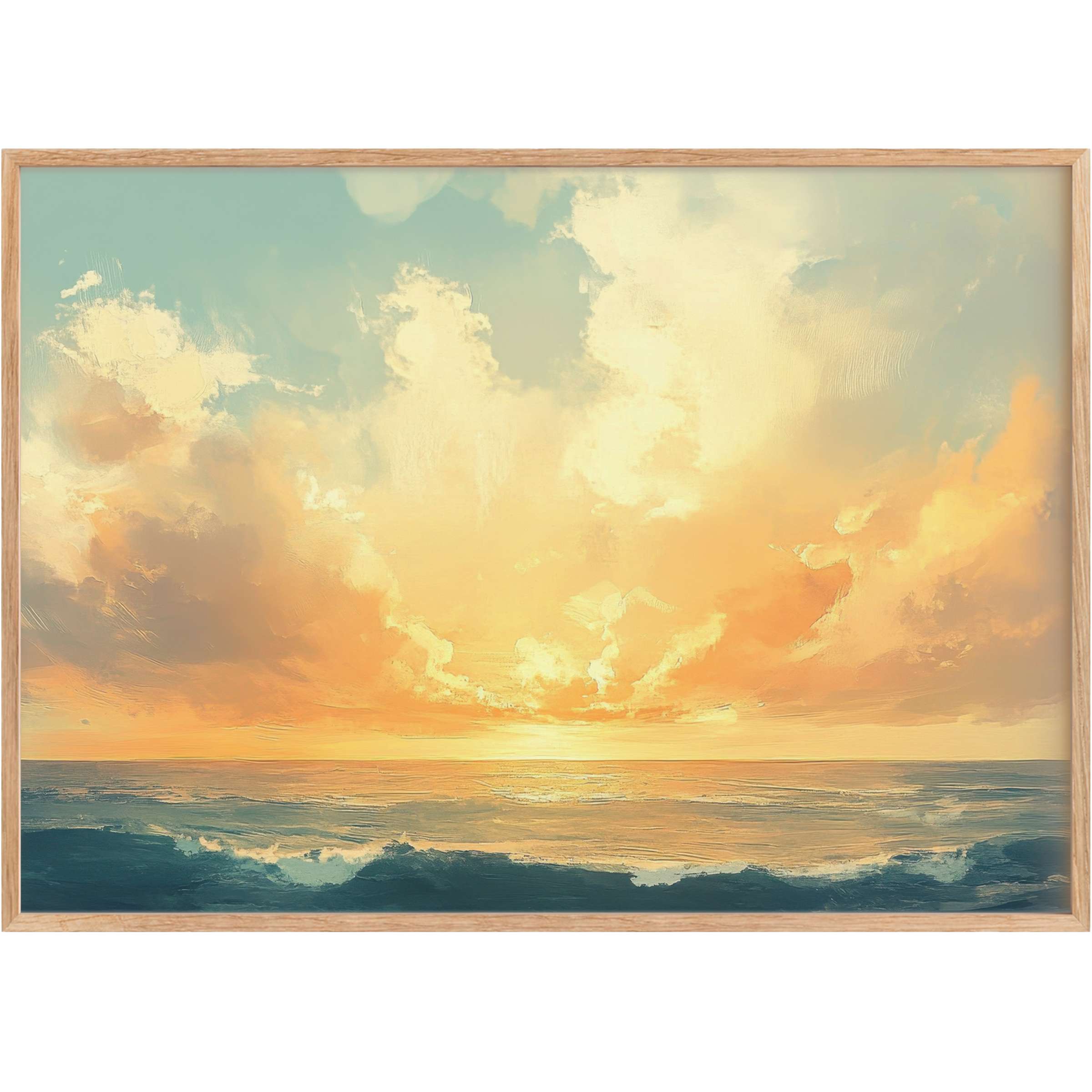 Coastal printable wall art capturing a radiant sunset with golden hues and deep blue waves, evoking serene ocean tranquility
