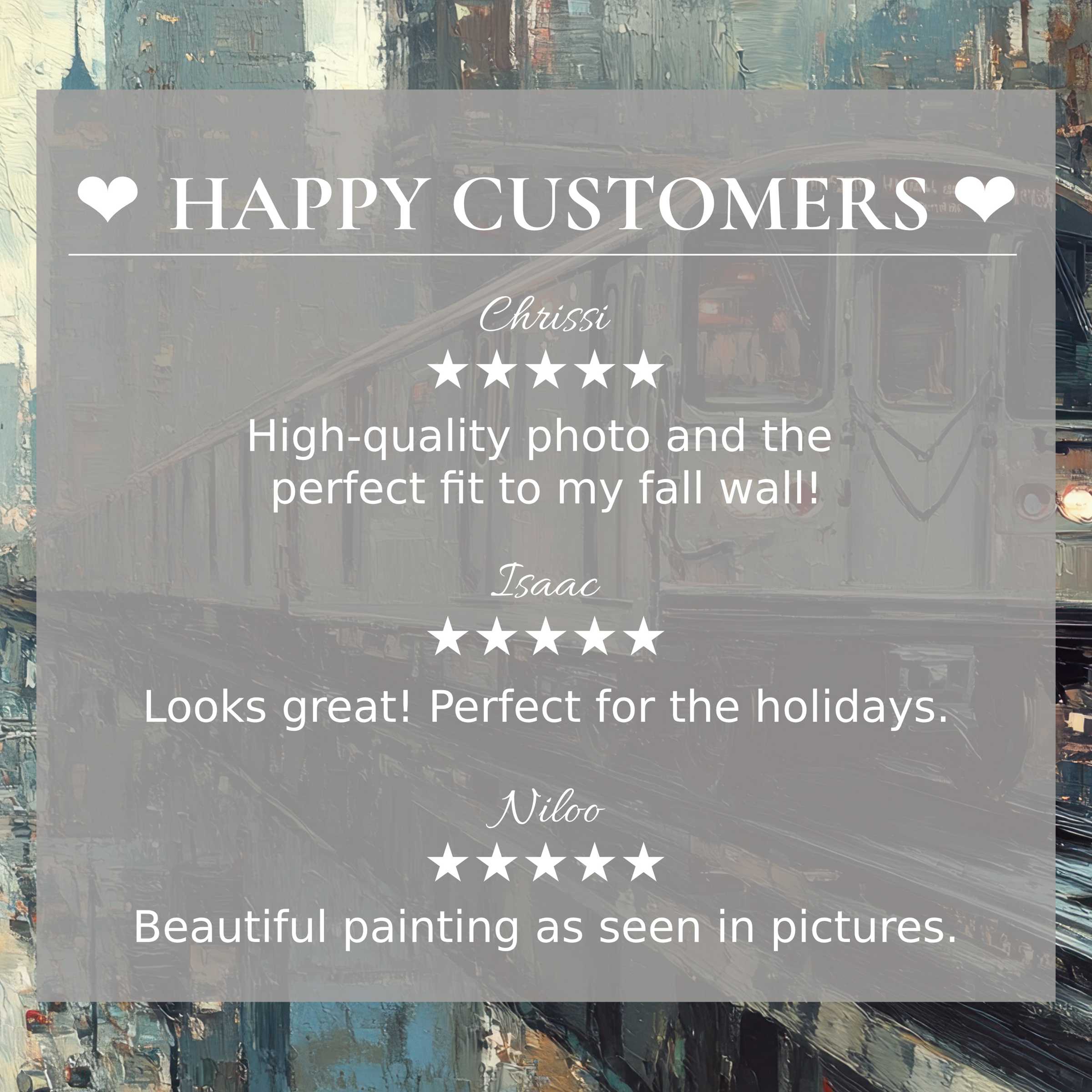 Urban art for Frame TV with abstract sunset tones, showcasing happy customer reviews and refined, elegant design trust