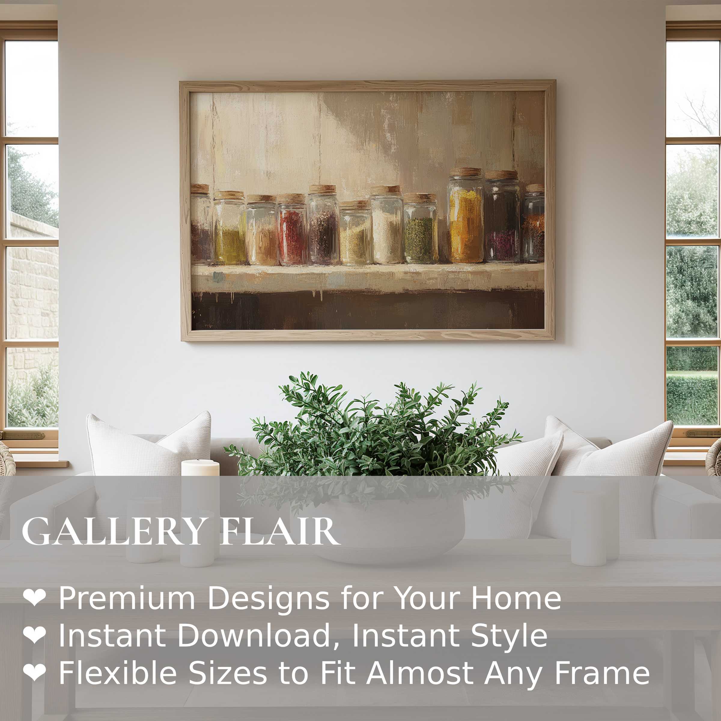 Farmhouse wall art print featuring rustic jars of spices; warm, calming tones elevate cozy modern farmhouse interiors with timeless charm