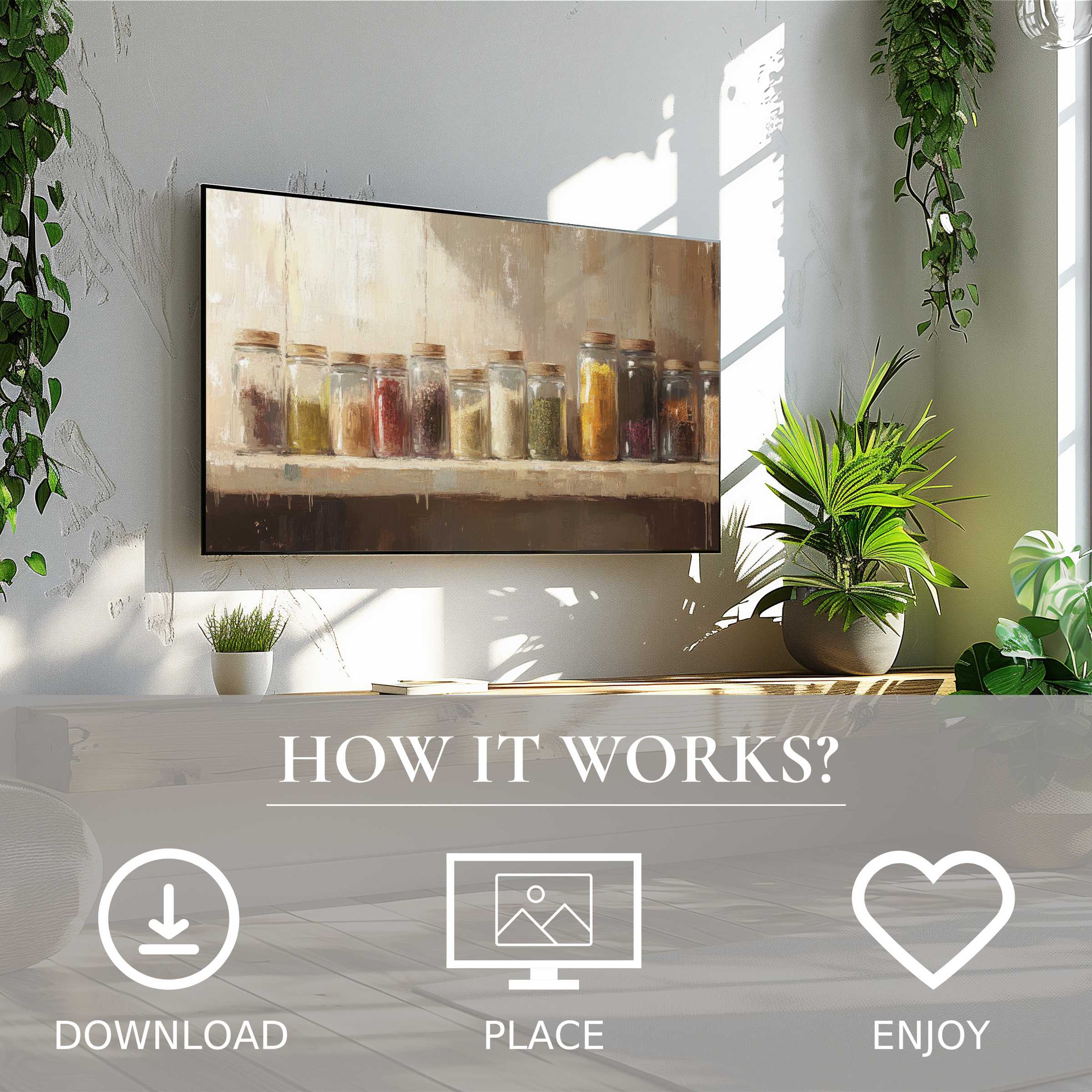 Farmhouse art for Samsung TV shows warm spice jars in soft sunset tones, easy digital download enriches your space