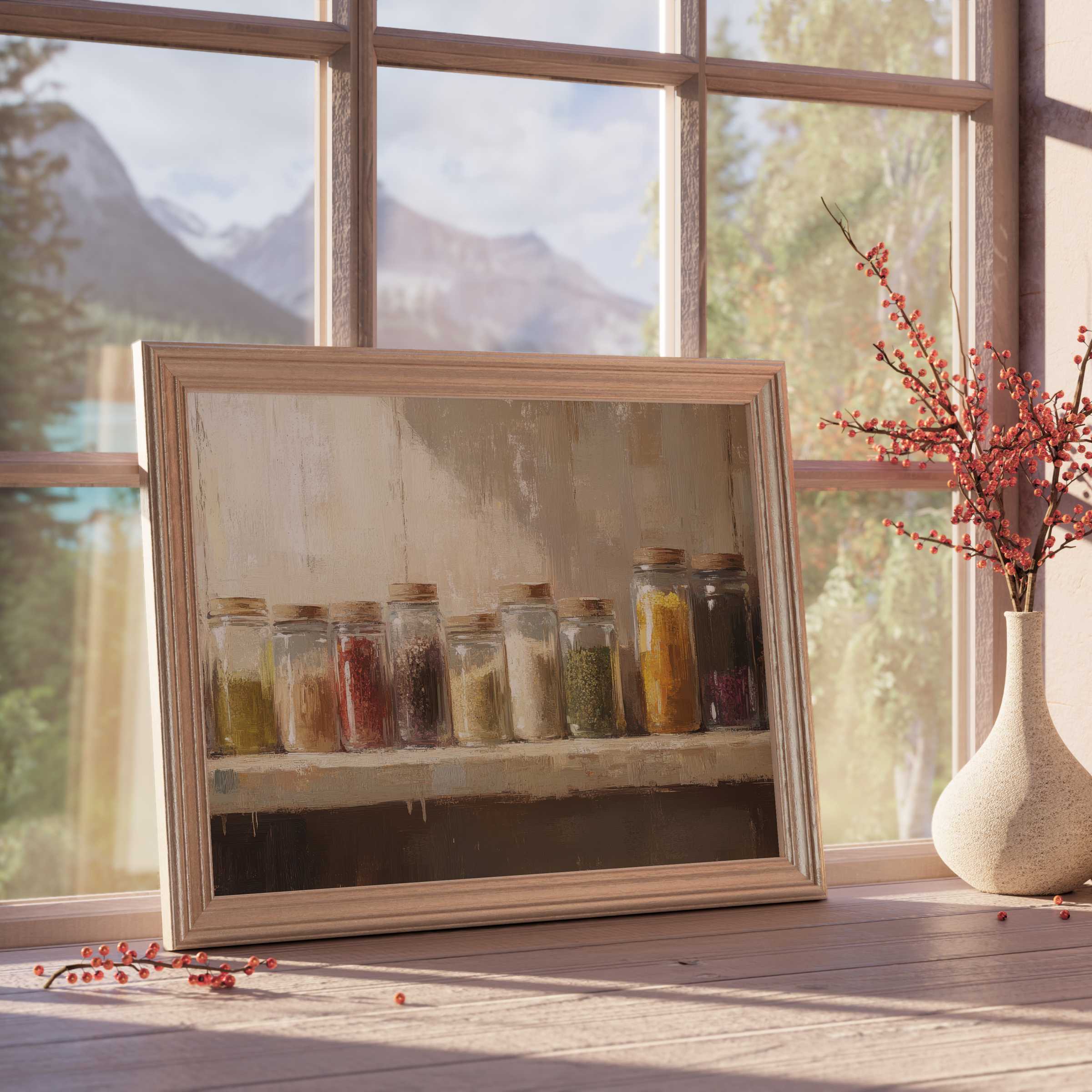 Farmhouse downloadable art featuring rustic spice jars in soft, warm tones-elevate serene, curated kitchen interiors with timeless charm
