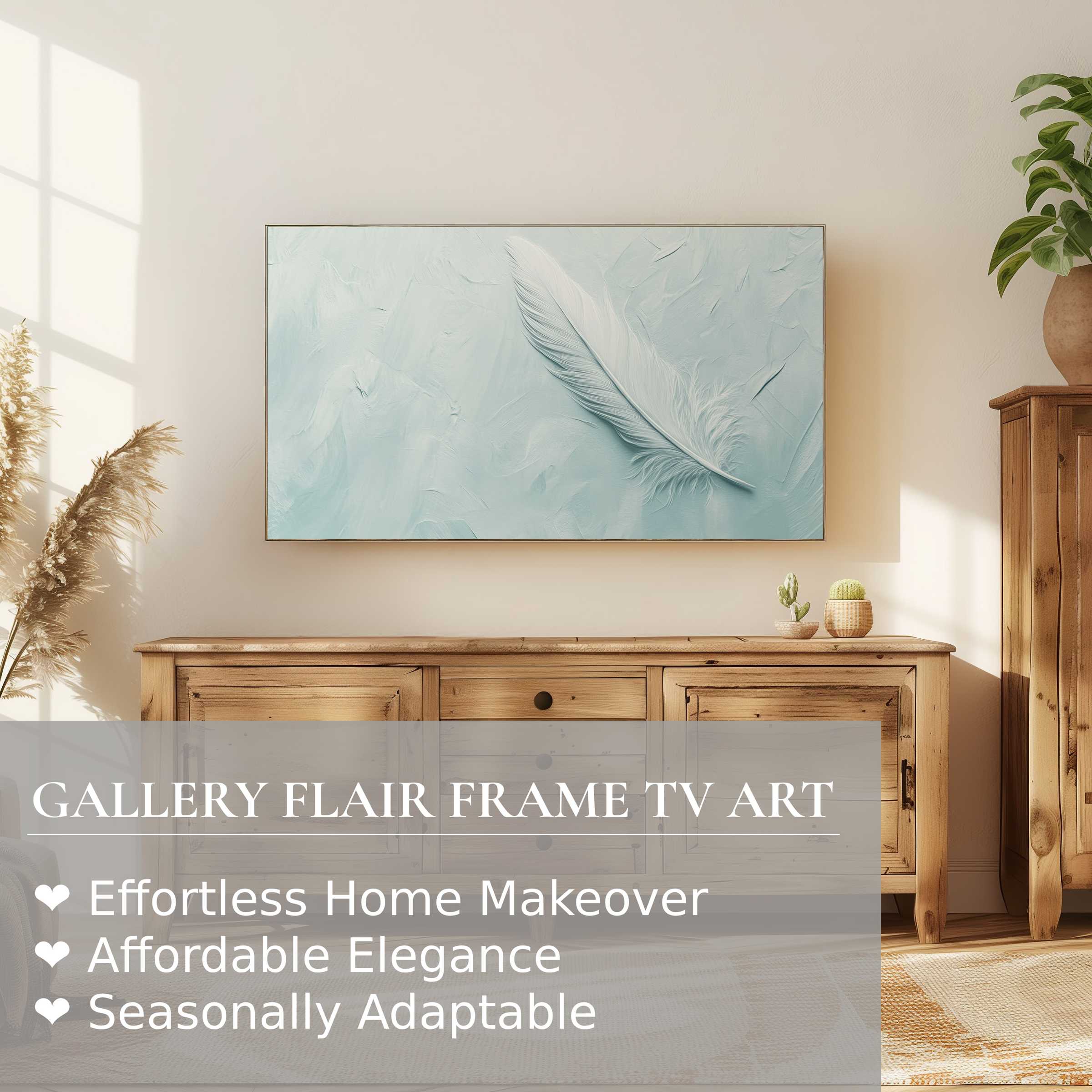 Samsung Frame TV displaying minimalist digital artwork of a delicate feather in a serene, elegant living space