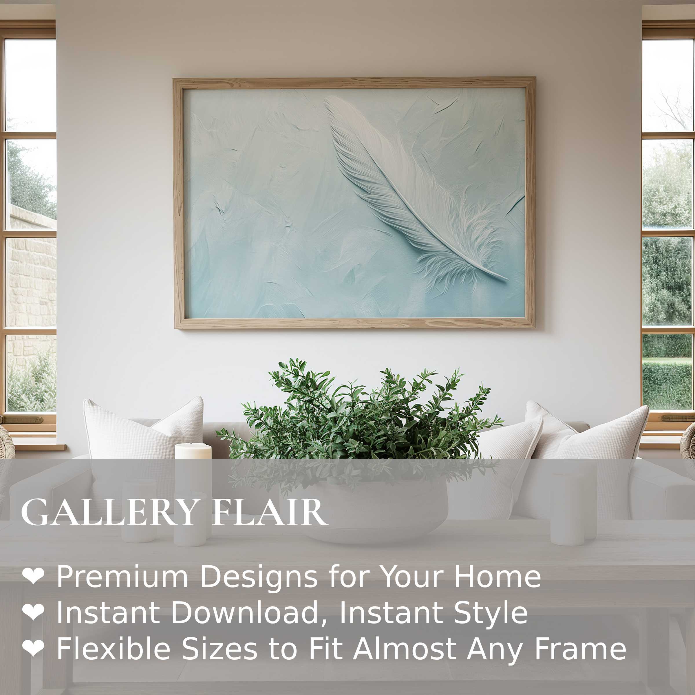 Minimalist wall art print featuring a serene white feather on textured pastel blue, enhancing modern neutral interiors with calming elegance