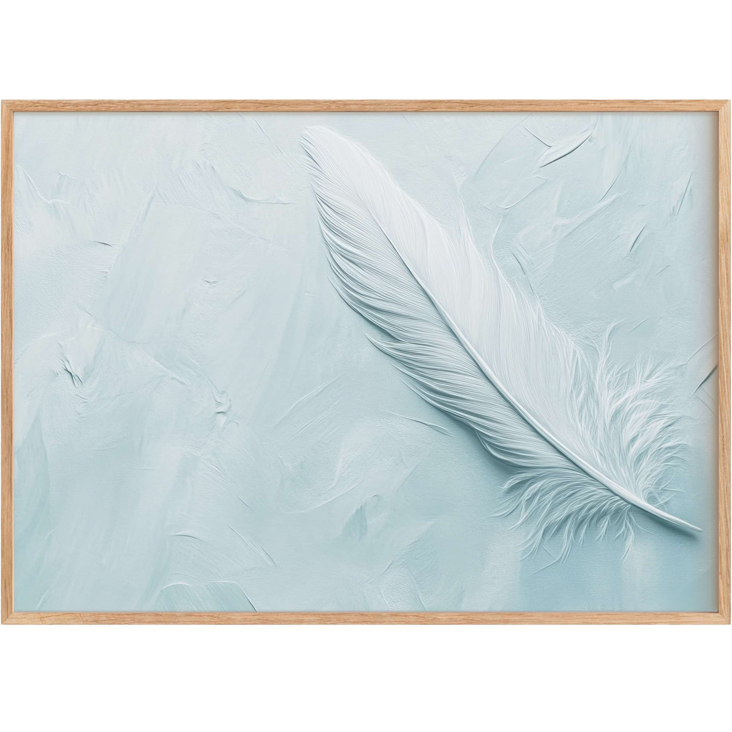 Elegant minimalist printable wall art featuring a delicate white feather on soothing pale blue, evoking calm and refined serenity