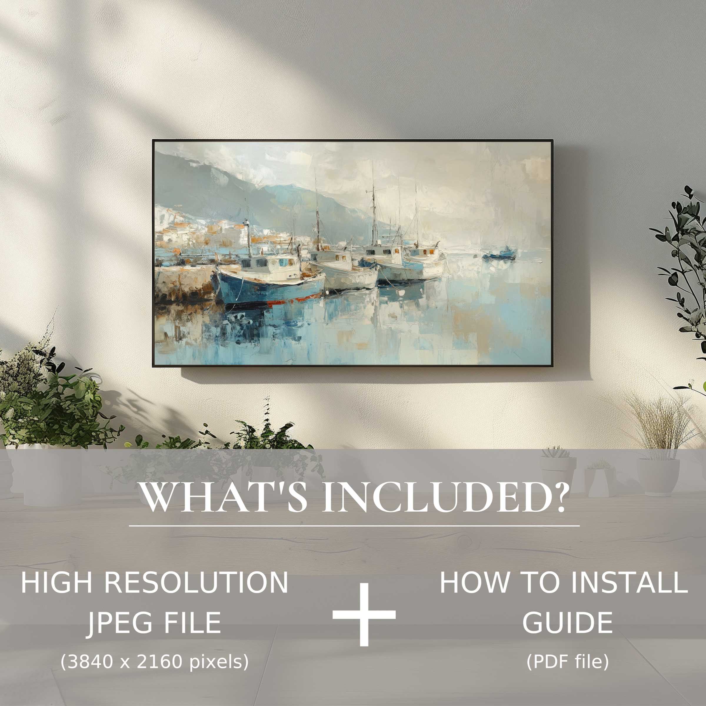 Elegant beach digital TV art download of serene boats enhances any modern living space with effortless digital use