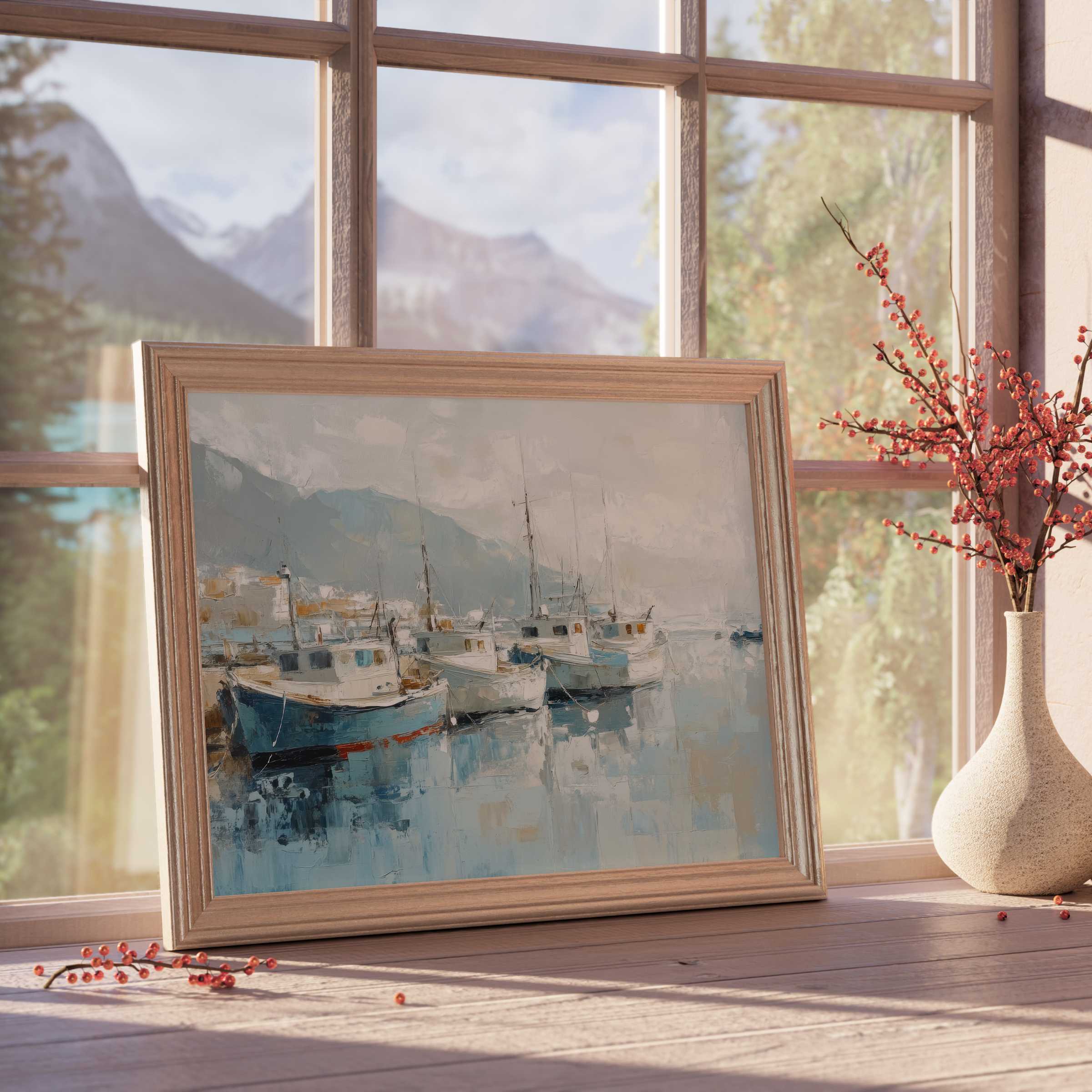 Serene beach downloadable art capturing tranquil fishing boats in soft pastels, perfect for sophisticated coastal and nautical interiors