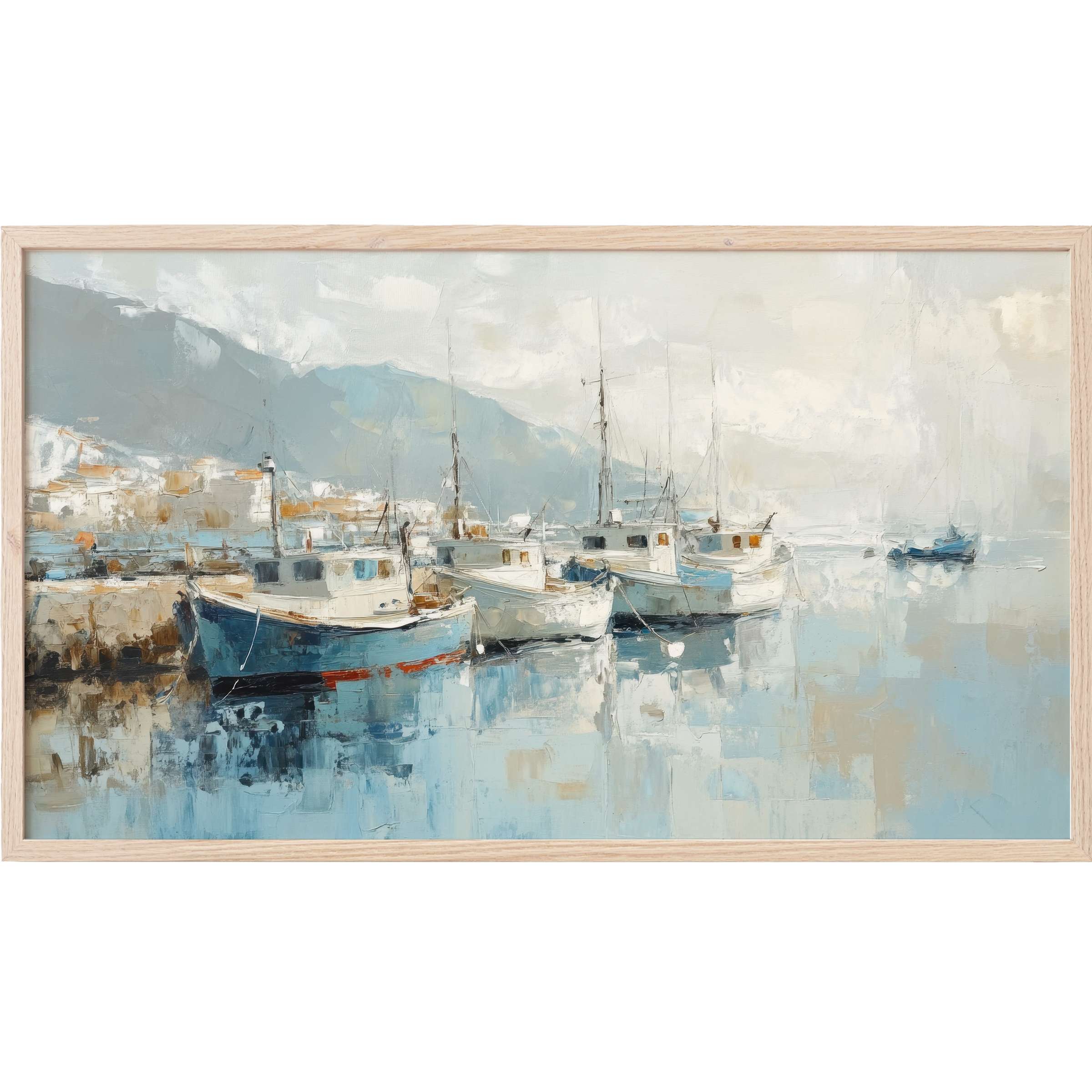 Serene harbor scene in soft blues and neutrals, textured brushstrokes evoking calm waters - beach Frame TV Art
