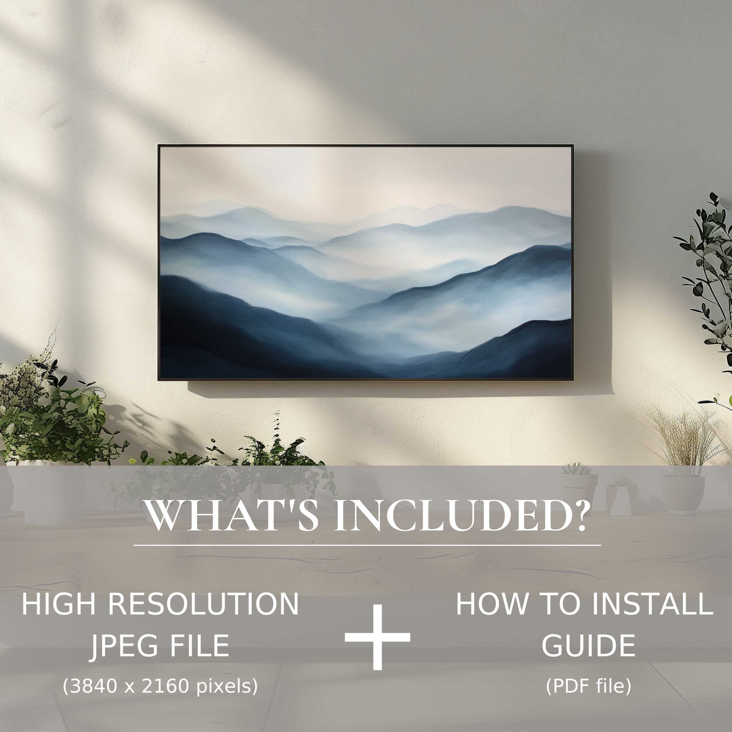 Elegant living room with neutral digital TV art download, easy to install, enhancing serene modern spaces