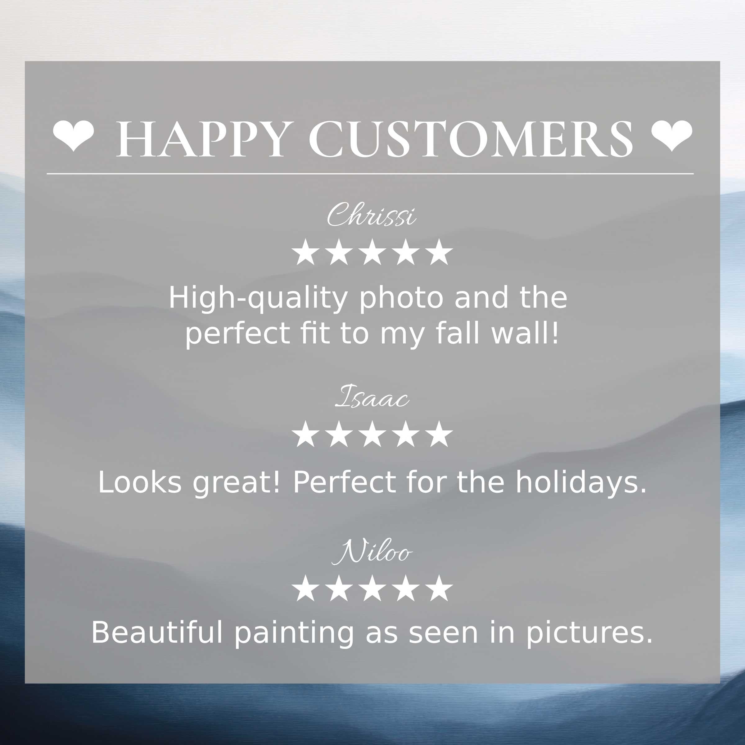 Neutral art for Frame TV with abstract blue-gray hues, highlighting happy customer reviews and elegant design trust