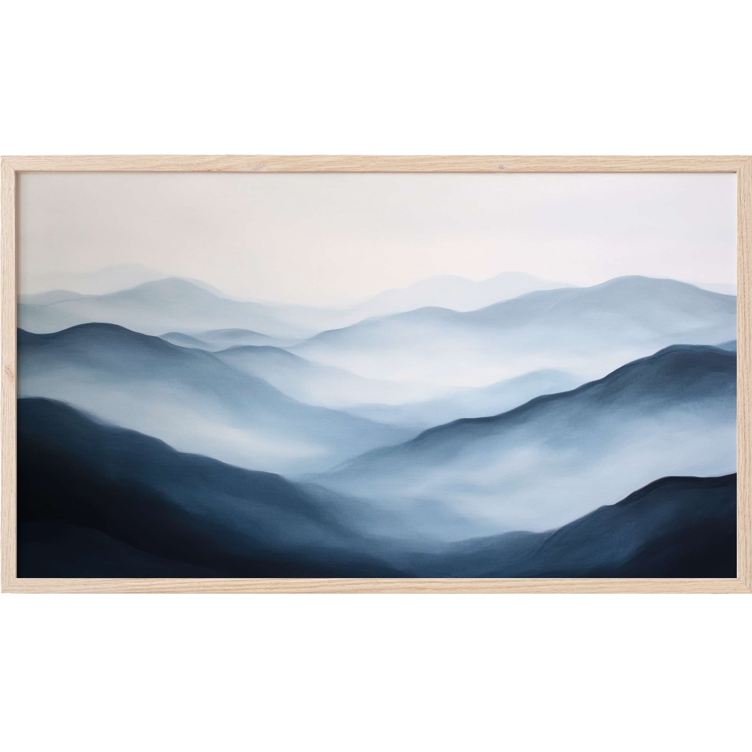 Serene misty blue mountain layers in soft gradients, framed in light wood - neutral Frame TV Art for refined spaces