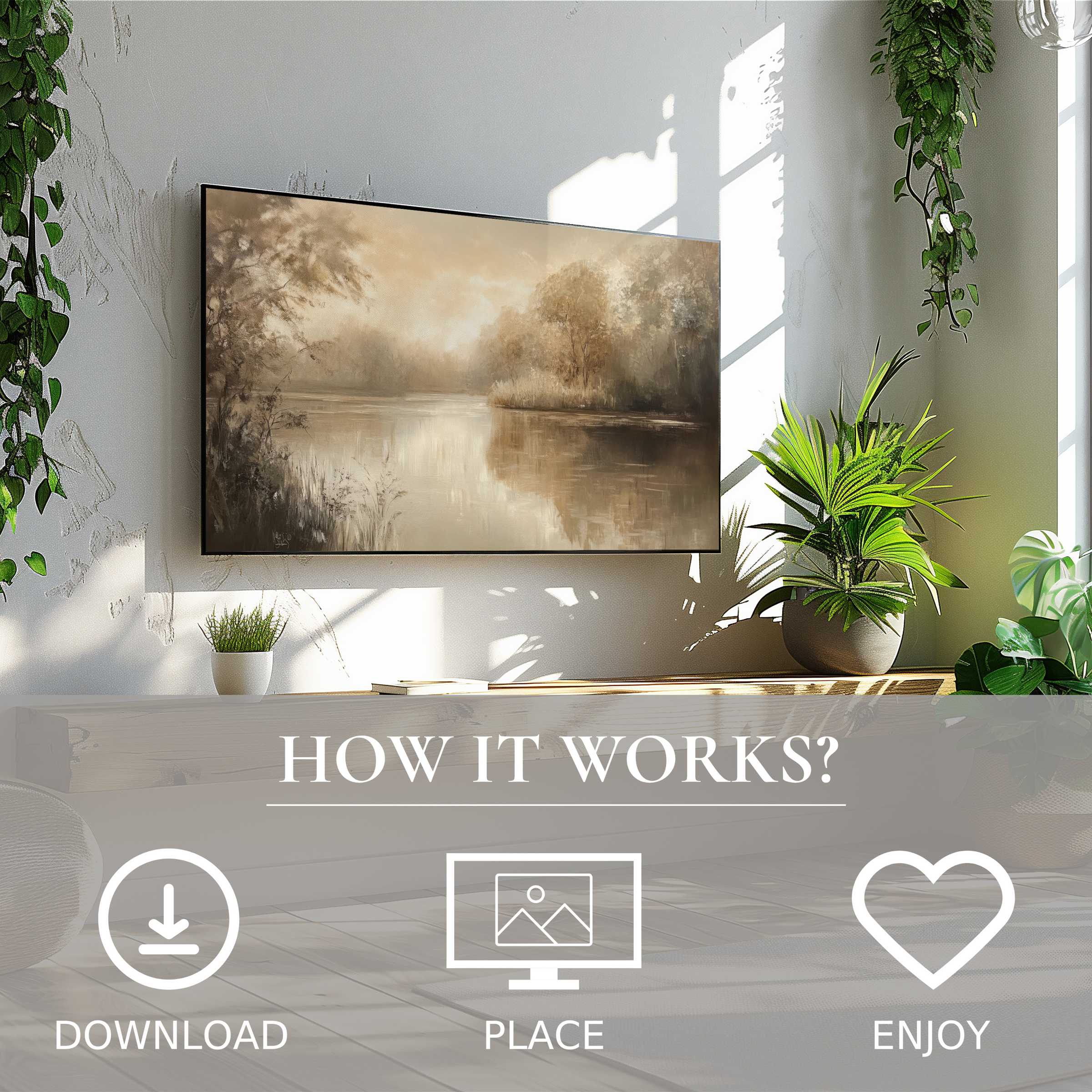 Modern living with landscape art for Samsung TV; easy digital download shows soft sunset tones enriching space