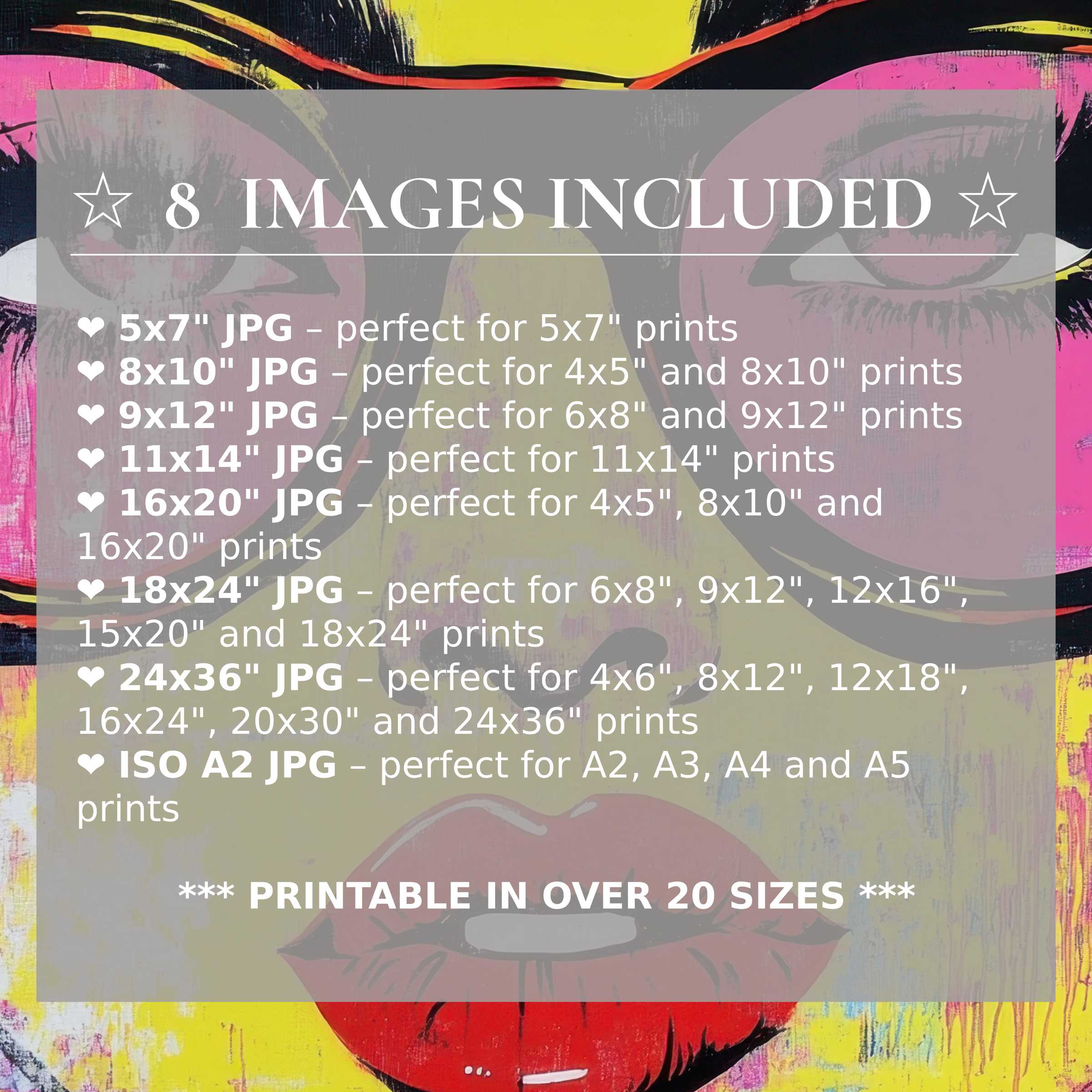 Vibrant pop art digital print in bold yellows, reds, and pinks radiates energy and modern elegance; includes 8 high-quality sizes for seamless integration into chic interiors