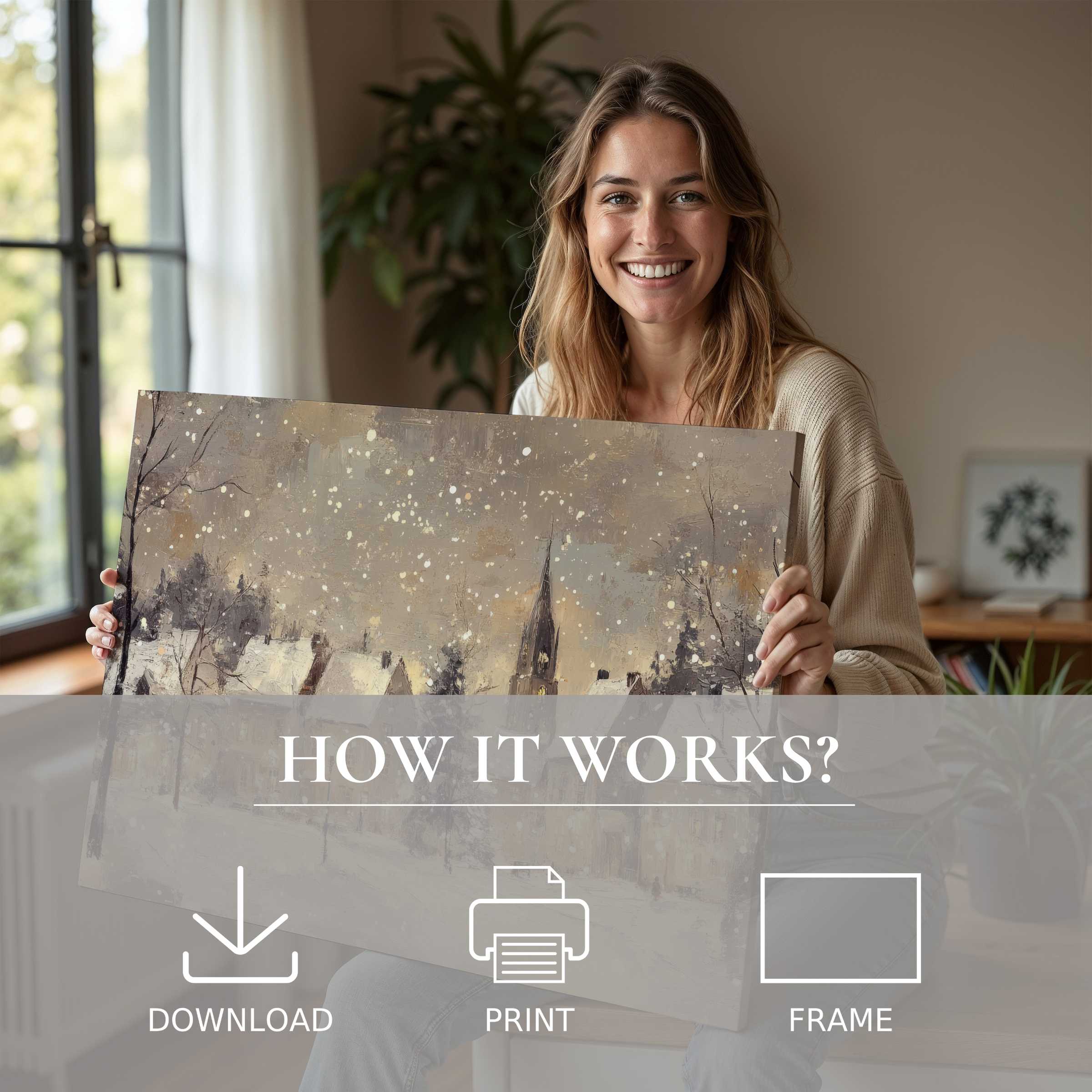 Joyful woman in serene modern home, embracing the warmth of Christmas digital art print-transforming space with ease and elegance