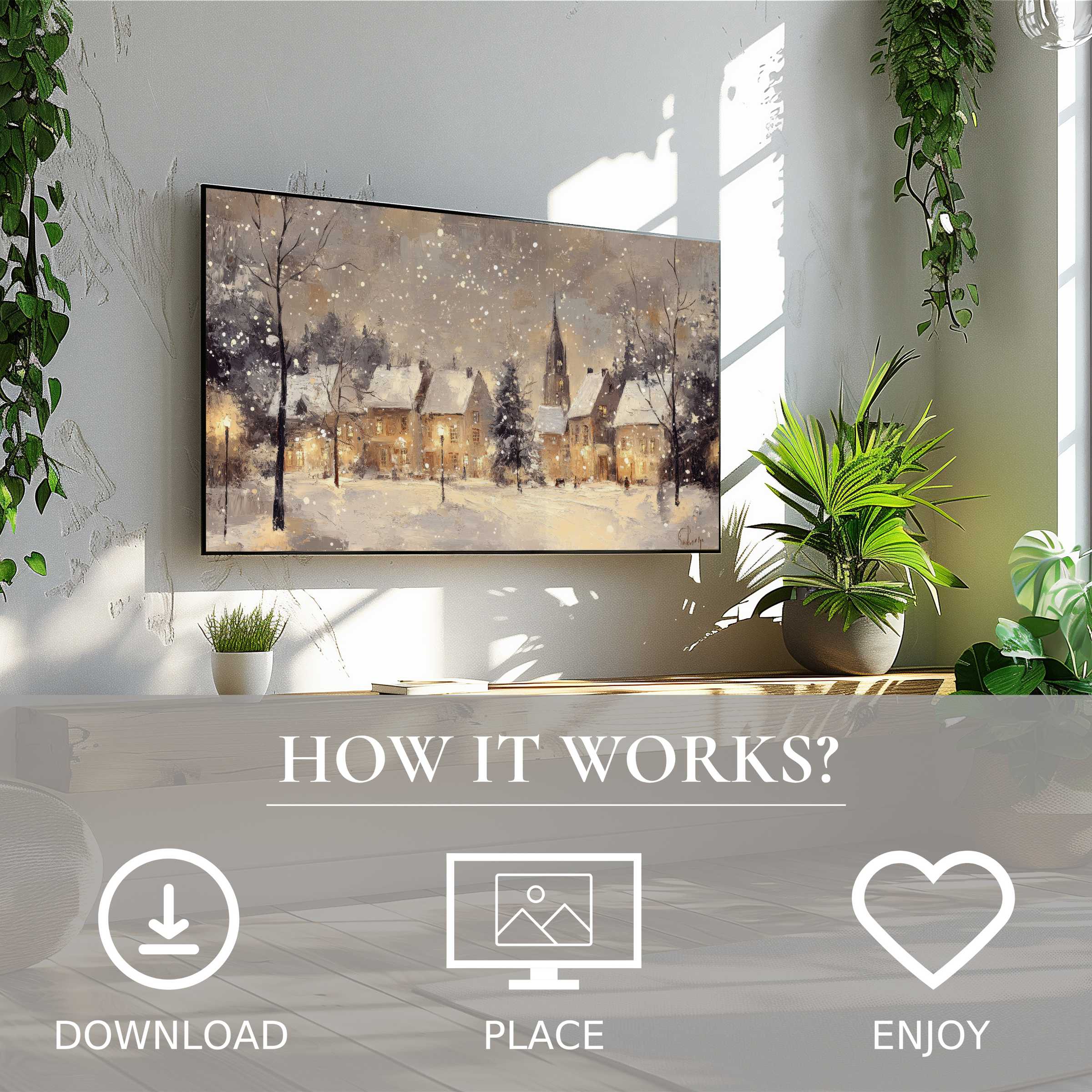 Modern living room with cozy snow village motif on Frame TV; easy digital download, christmas art for Samsung TV