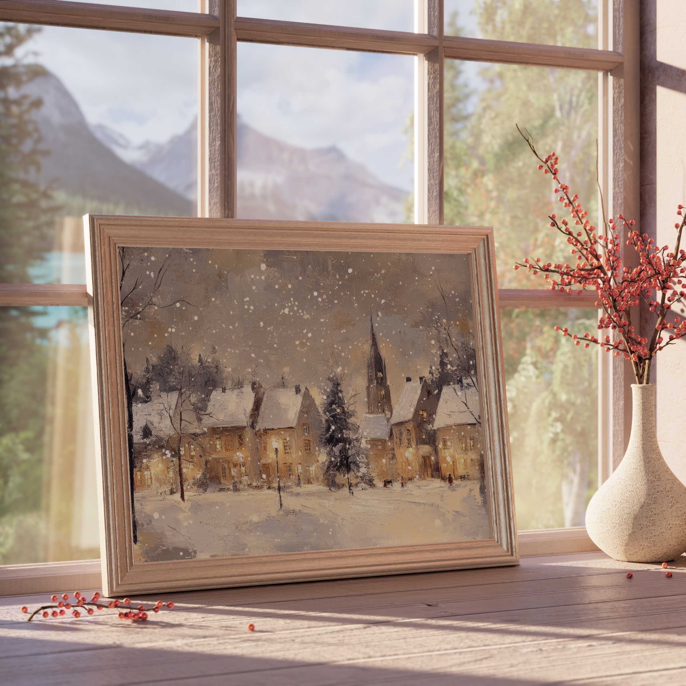 Christmas downloadable art capturing a serene snowy village bathed in warm light, perfect for elegant, tranquil interiors