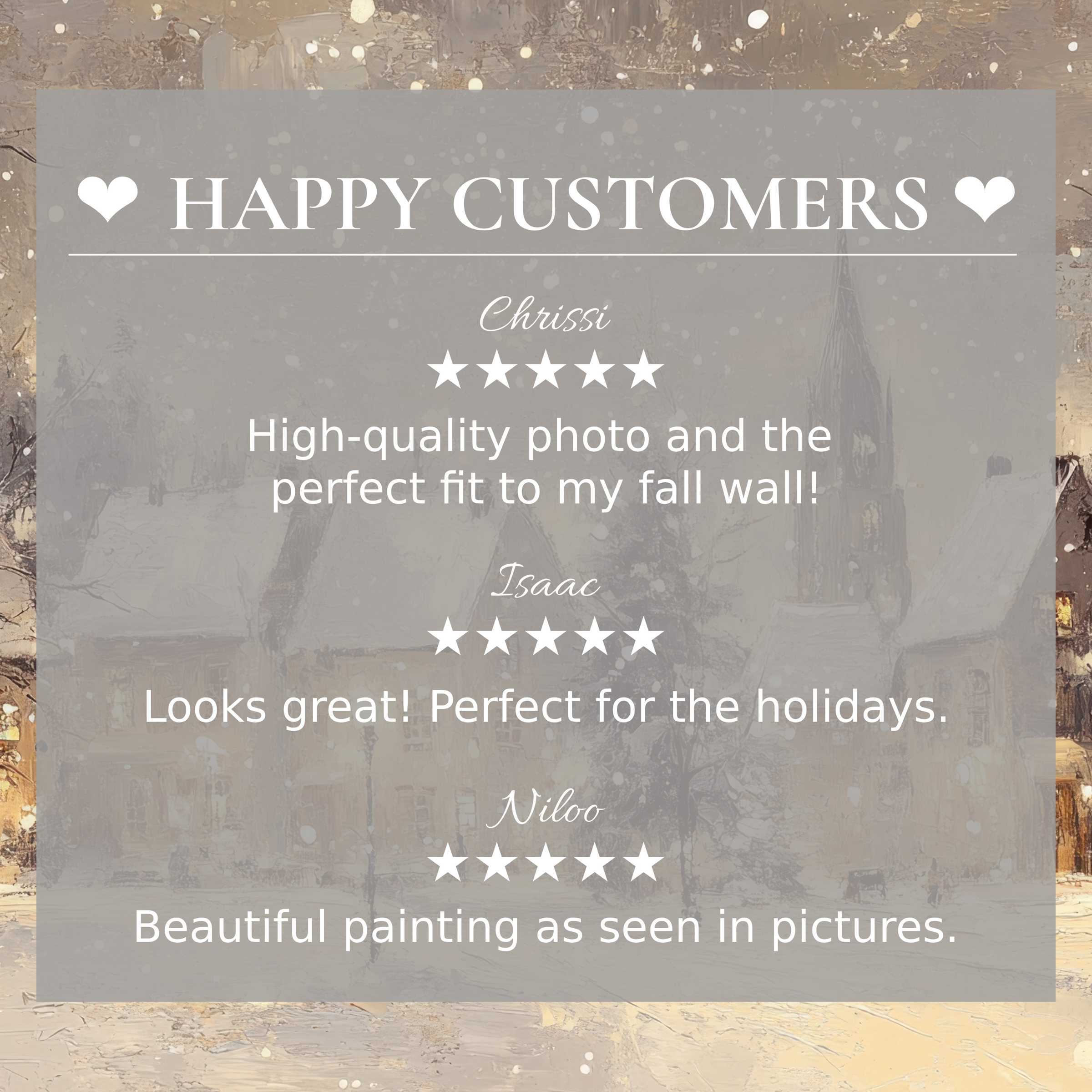 Elegant christmas art for Frame TV with a snowy village backdrop, showcasing reviews from a happy customer to build trust