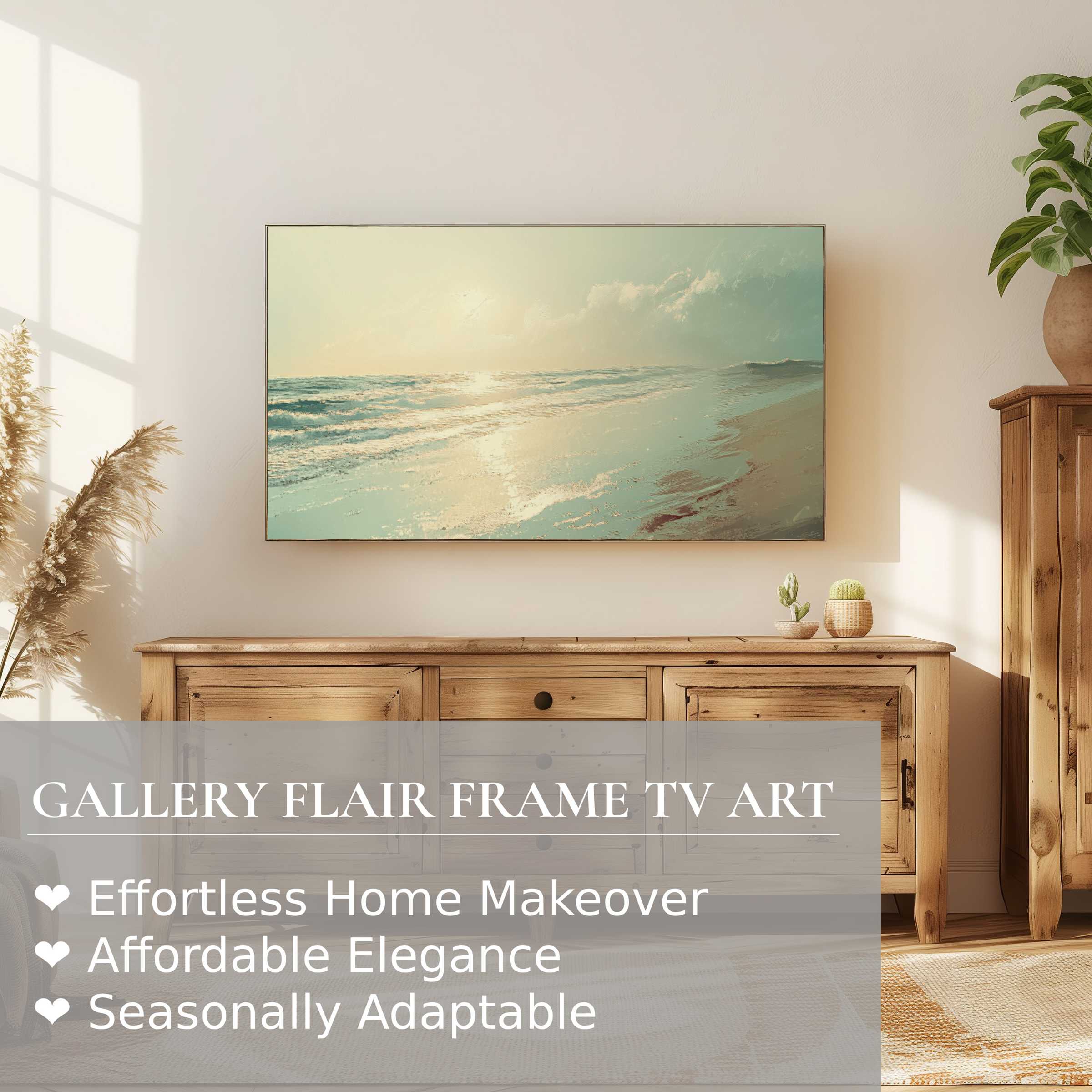 Samsung Frame TV showcases refined summer digital artwork of a serene beach, enhancing elegant modern home decor