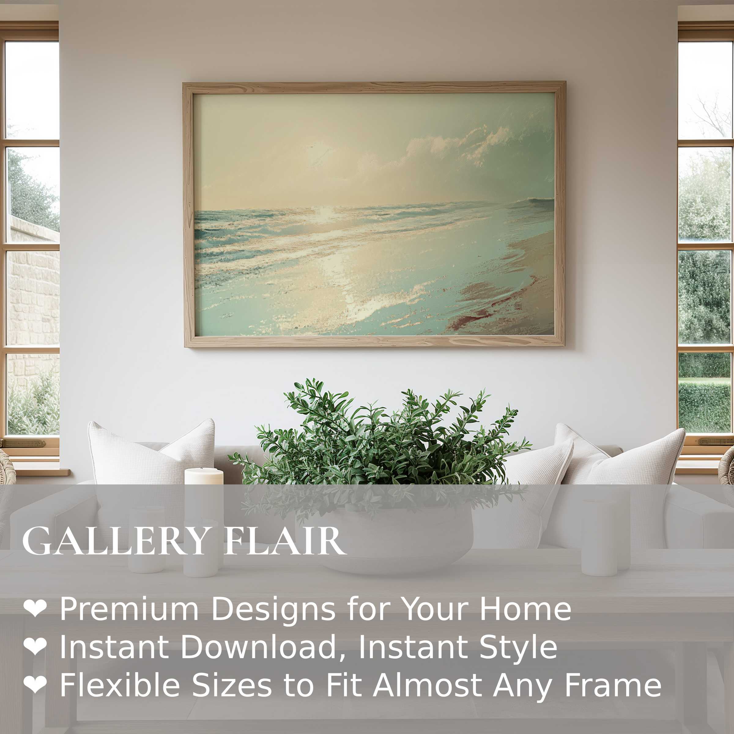Serene summer wall art print capturing a radiant seascape in soft pastel hues, elevating minimalist, modern living spaces with calming coastal elegance