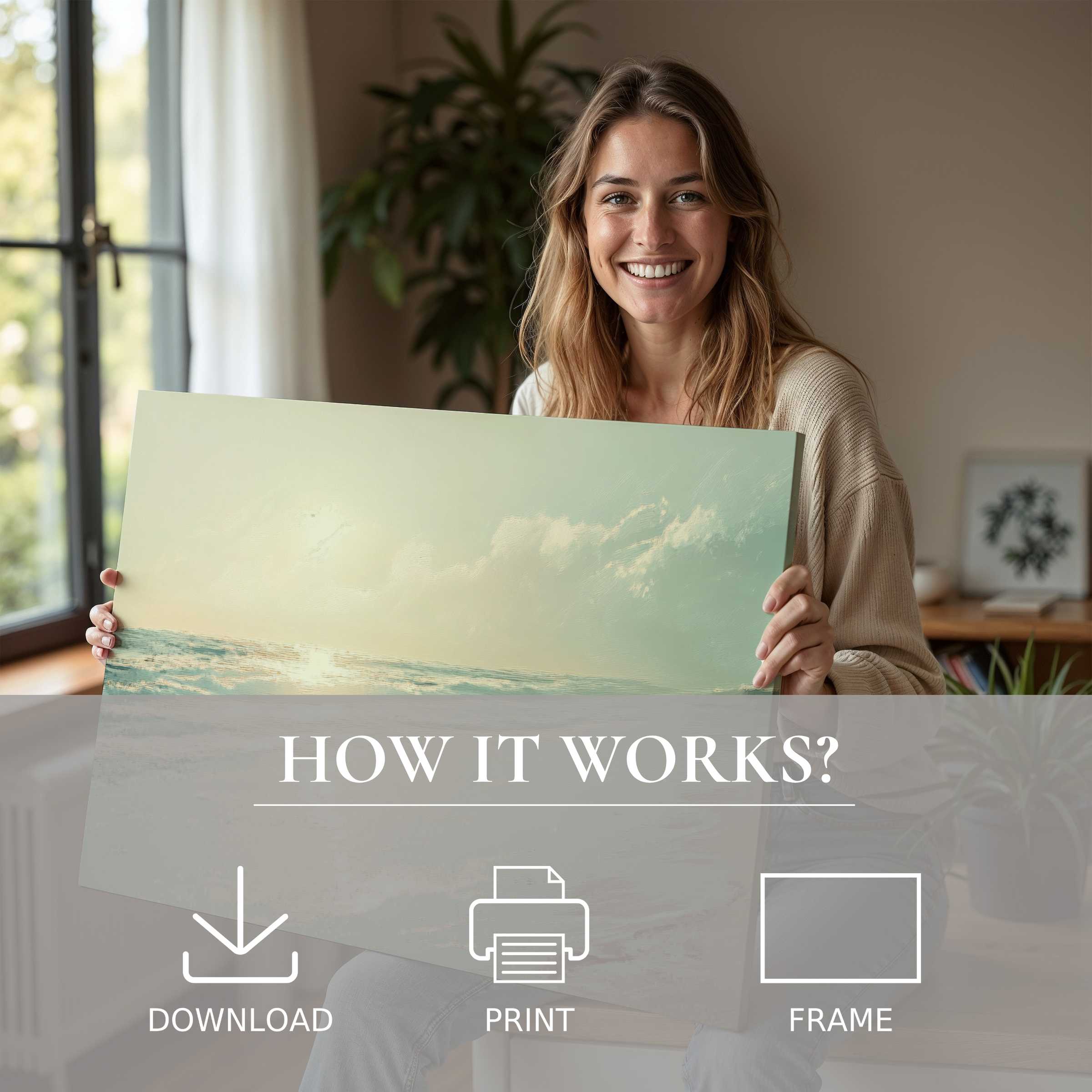 Bright summer digital art print held in a chic living space, evoking joyful connection and serene, effortless elegance