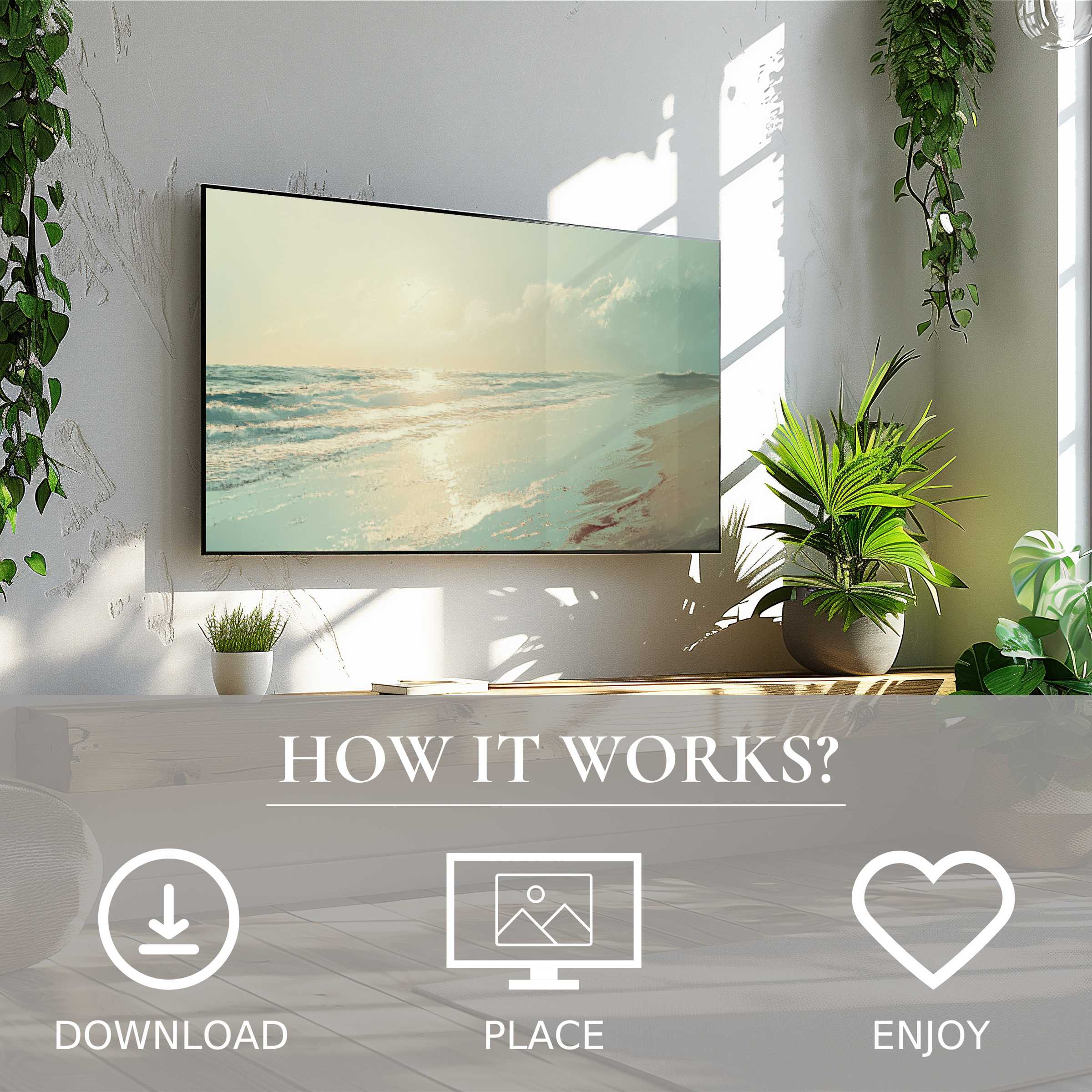 Summer art for Samsung TV shows soft sunset tones of a beach, easily downloaded and enriching your modern living space