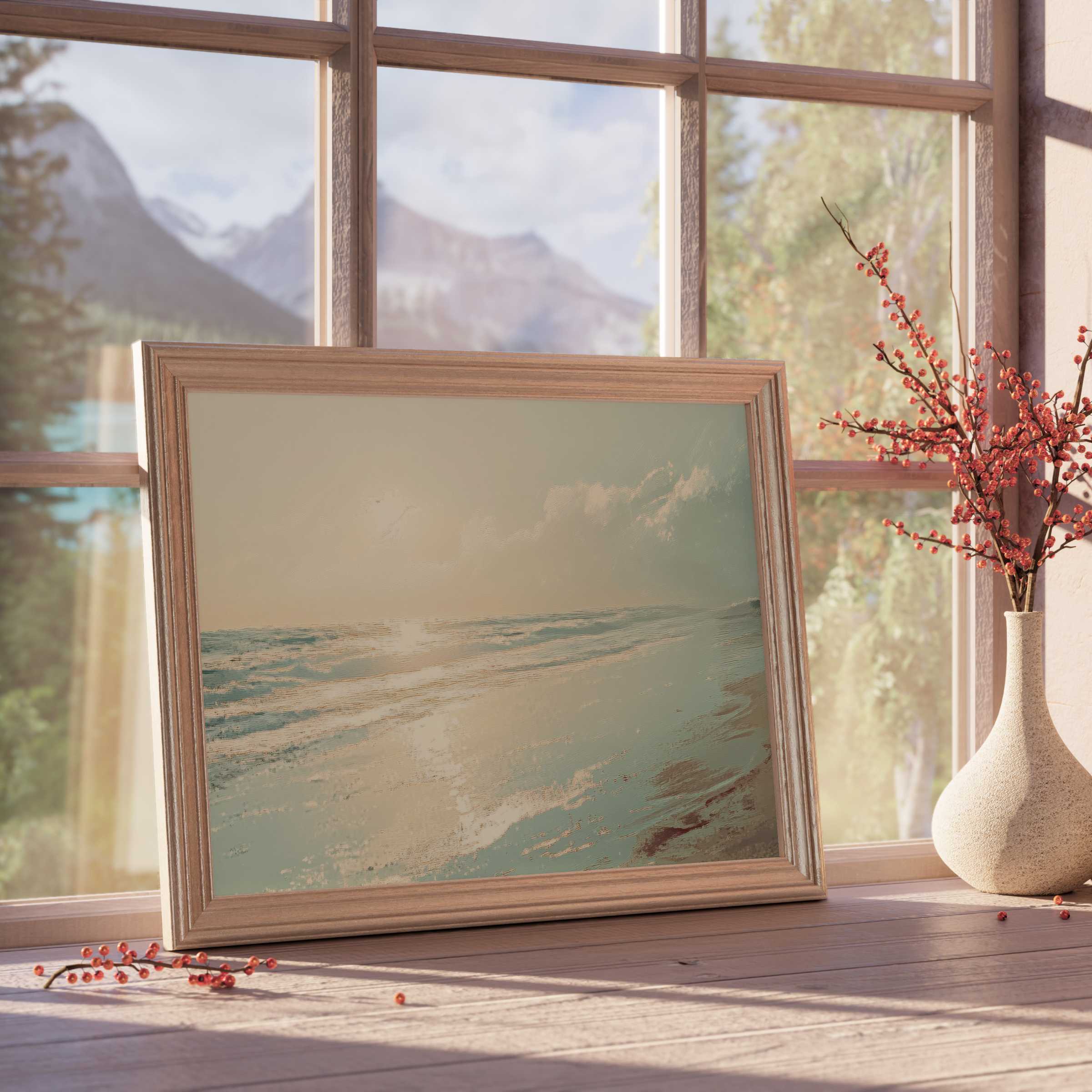 Summer downloadable art capturing tranquil ocean waves at sunset, perfect for elevating serene, design-forward living spaces