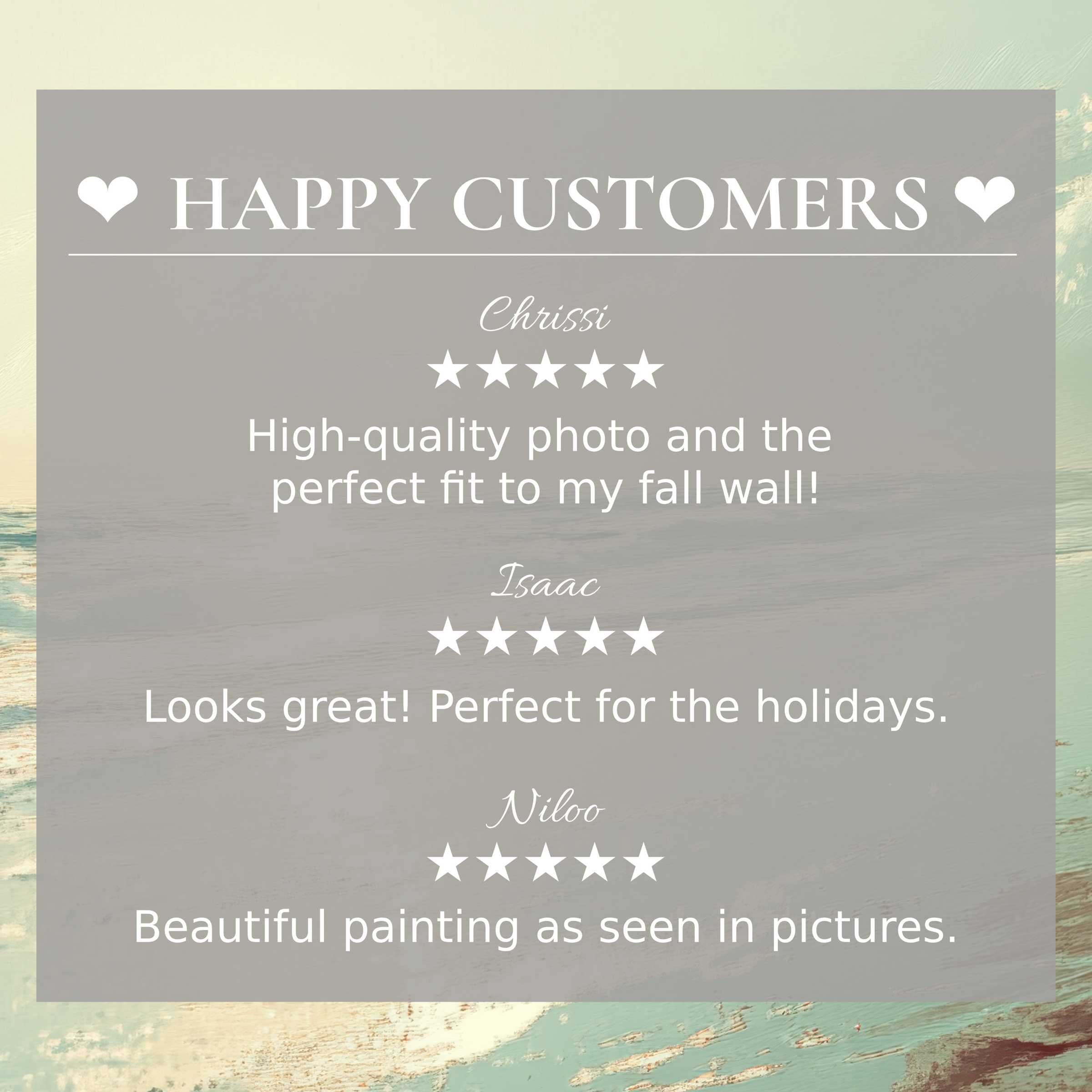 Elegant summer art for Frame TV with abstract sunset hues, showcasing happy customer reviews for refined trust