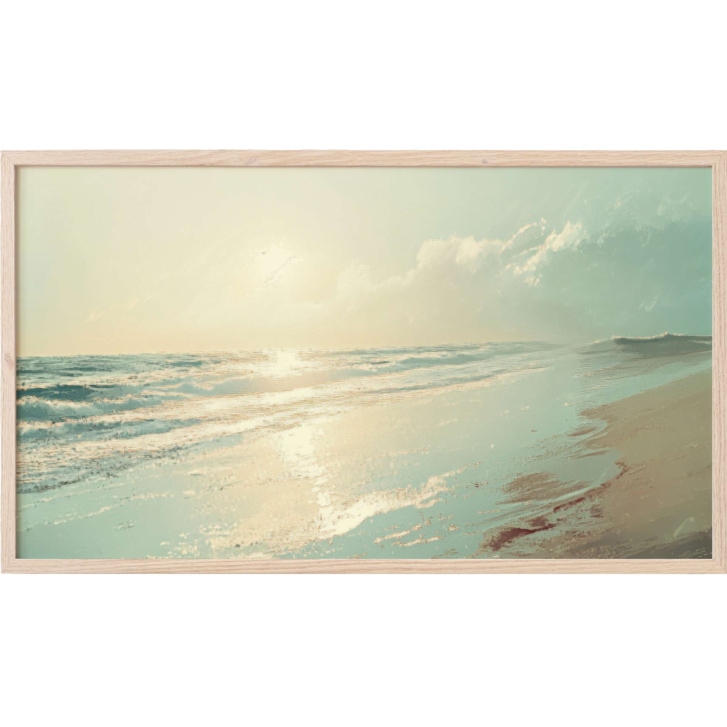 Serene coastal scene with soft blues and warm golds, captured in elegant summer Frame TV Art style