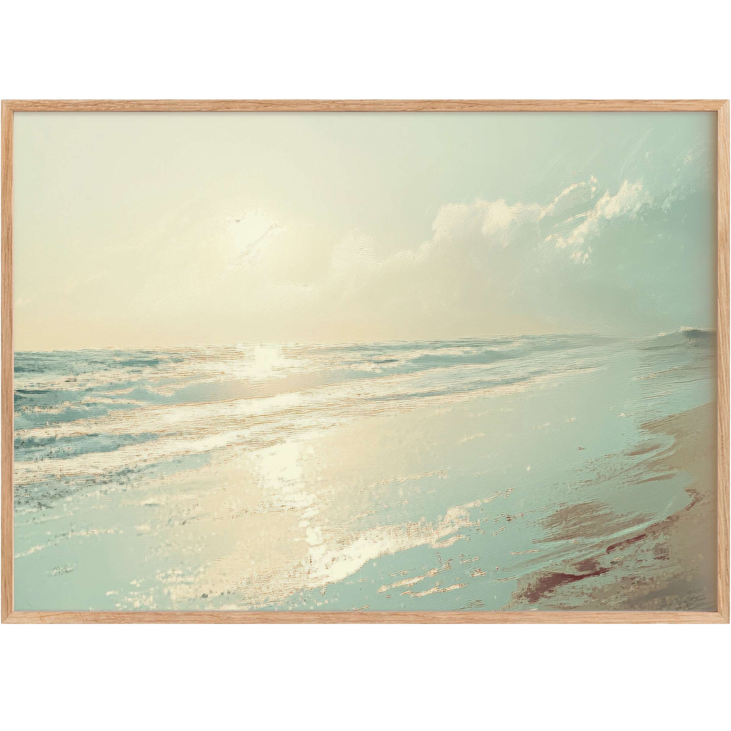 Serene summer printable wall art capturing a tranquil sunrise over shimmering turquoise waves, evoking calm and coastal elegance