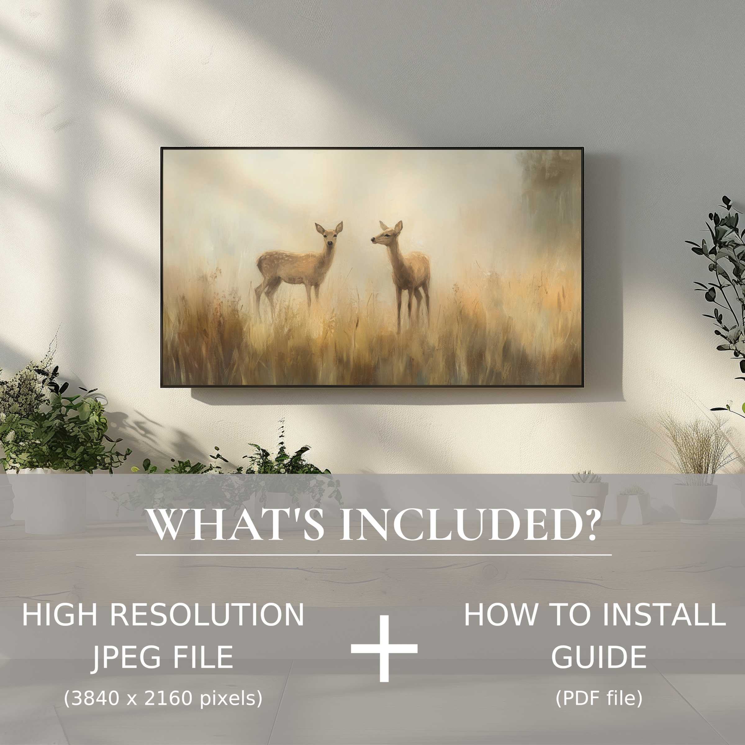 Elegant vintage digital TV art download featuring serene deer, enhancing spaces with effortless digital charm