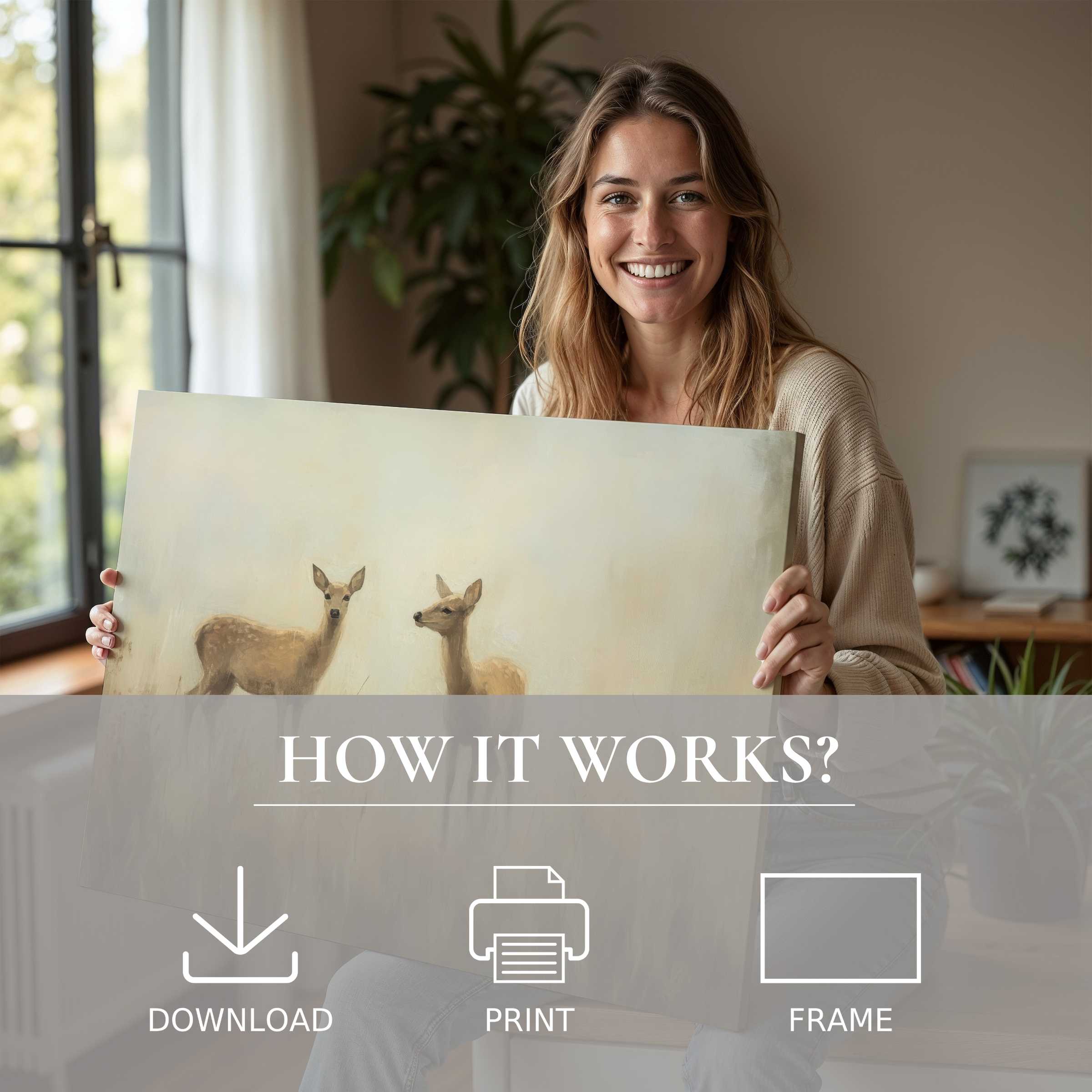 Serene connection with vintage digital art print in soft earth tones, bringing joy and effortless elegance to modern homes