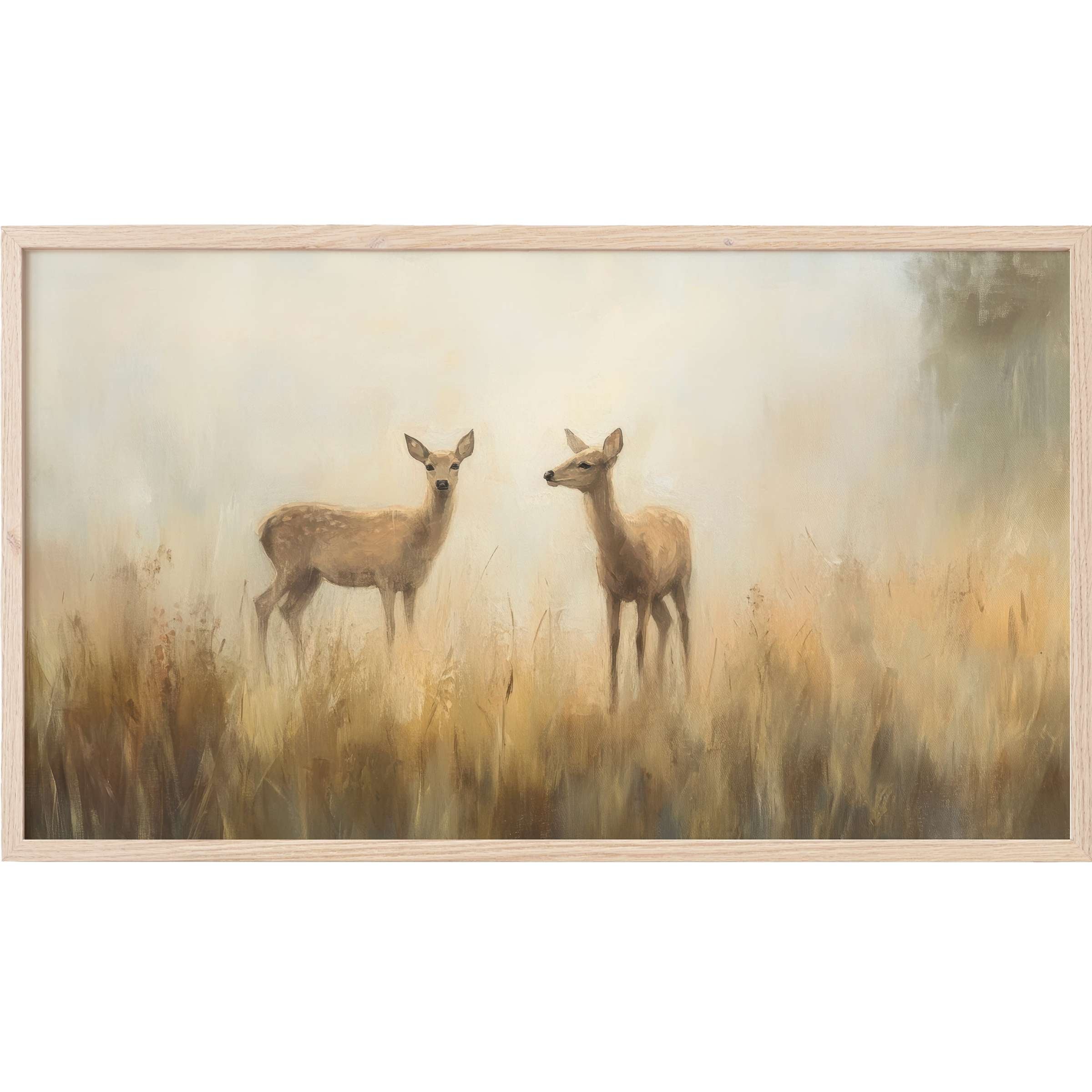 Vintage Frame TV Art depicting two graceful deer in soft earthy tones with a dreamy, impressionistic style