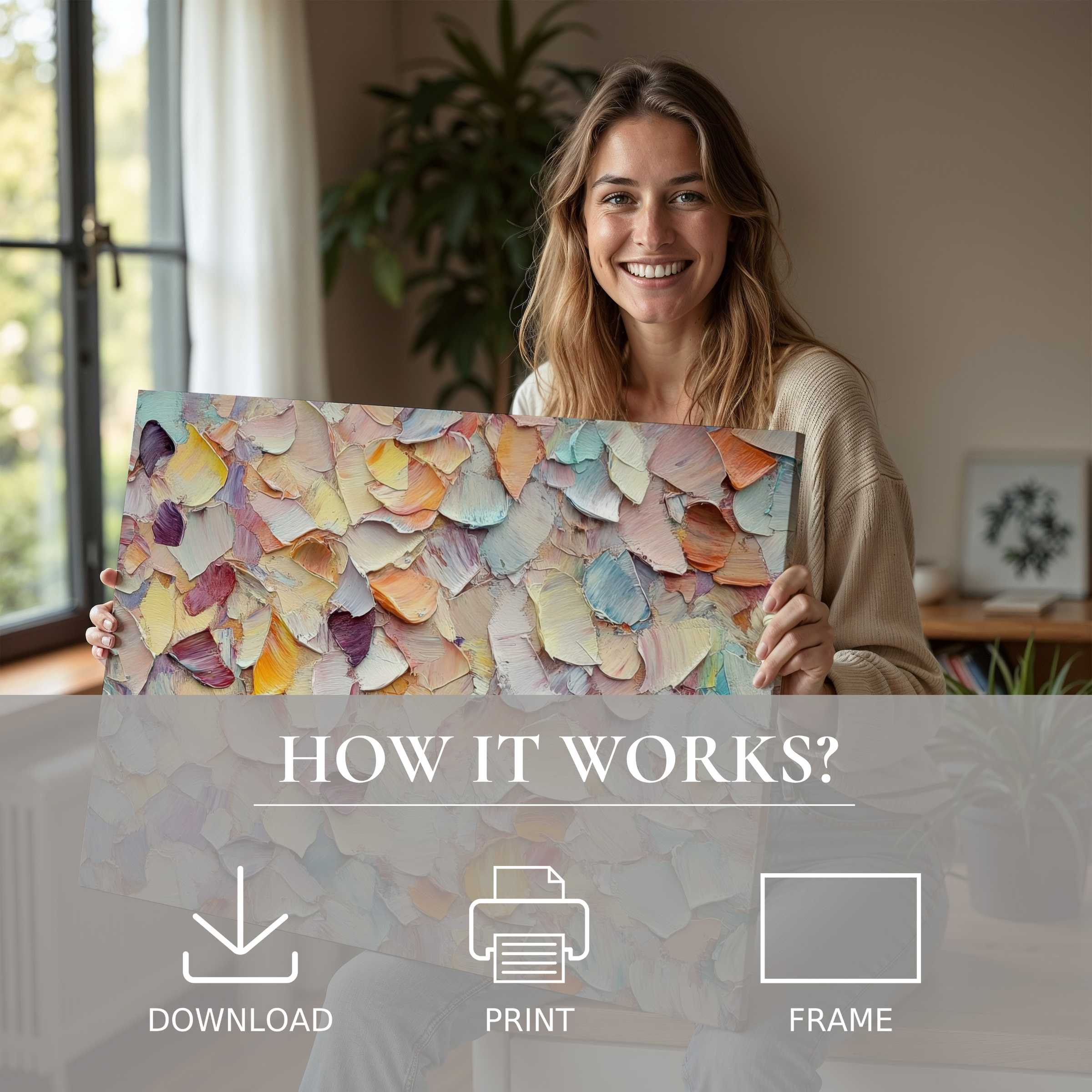 A serene moment of joy embracing fall digital art print’s soft, layered hues, enriching a stylish home’s calm elegance