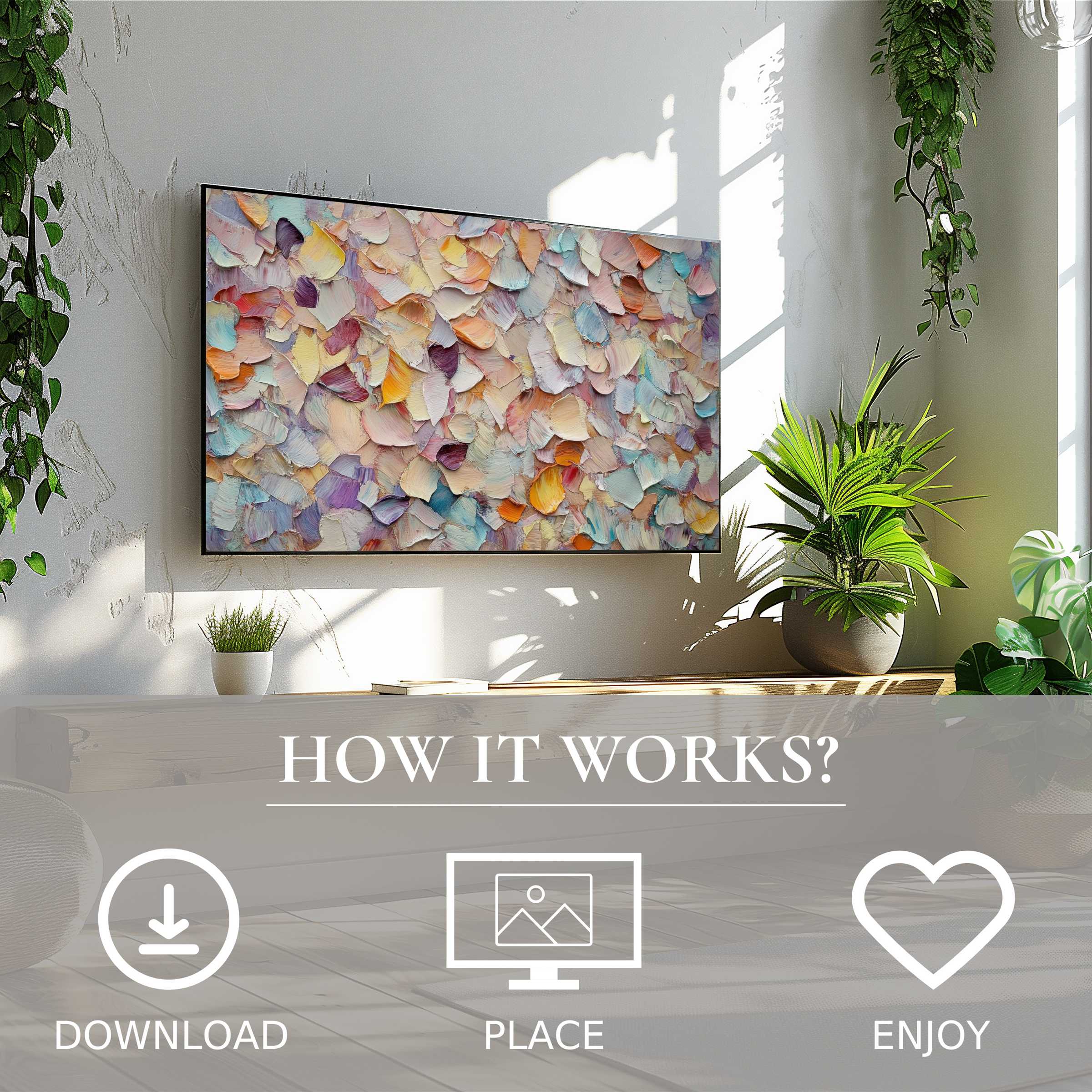 Fall art for Samsung TV shows soft sunset tones as abstract petals, easy digital download enhances stylish living spaces